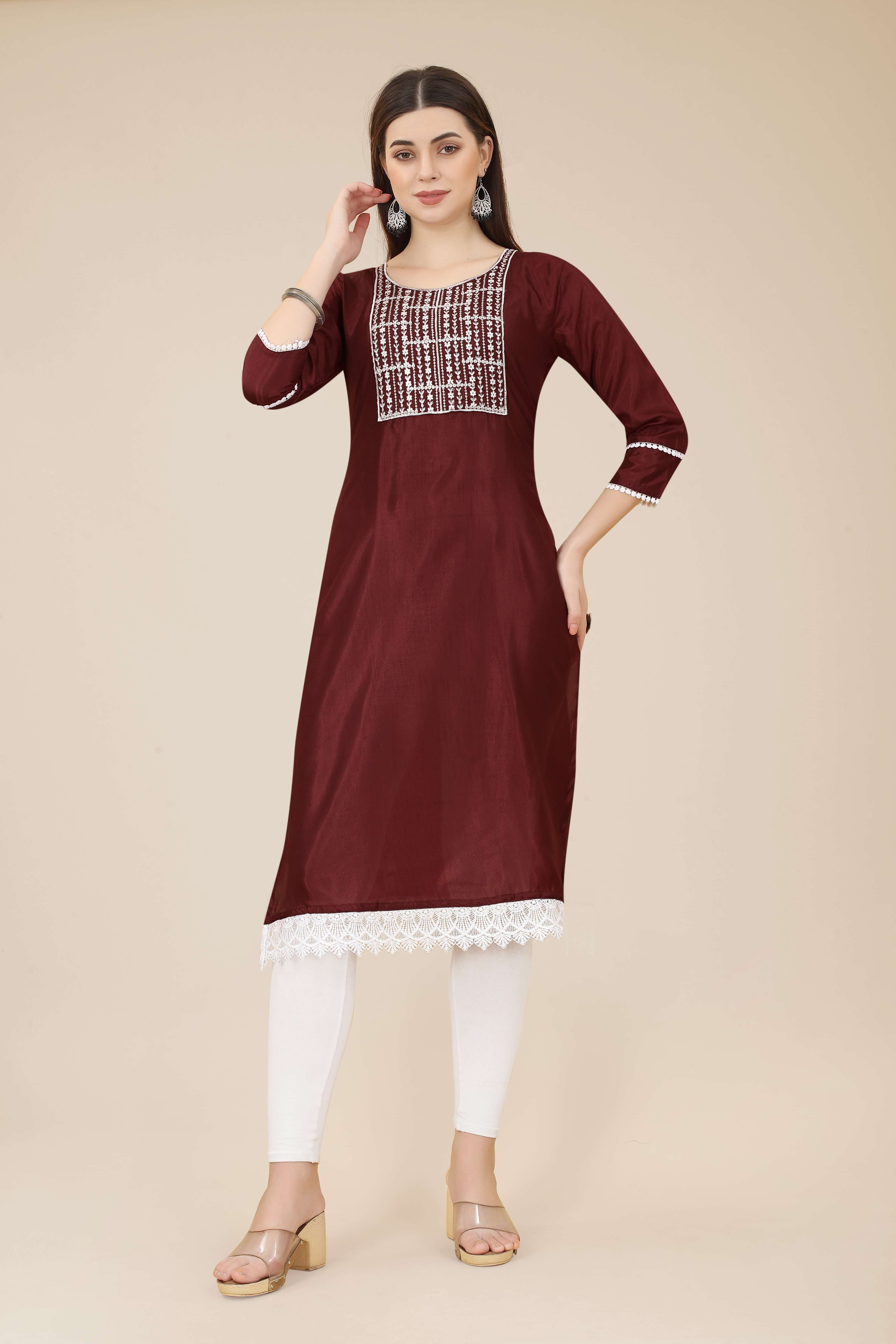 Ananda Soft Silk Kurta with Embroidery Work Straight Shape Three Quarter Sleeves Round Neck