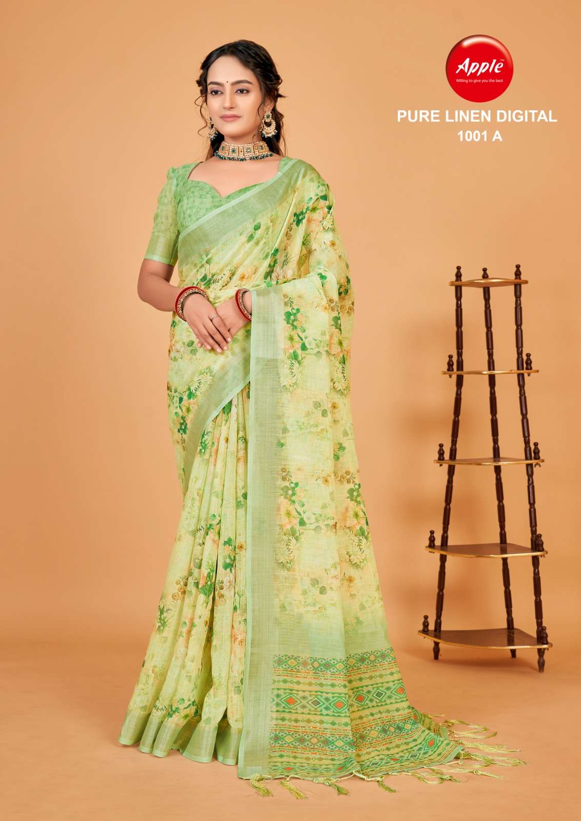 apple pure linen 1001 set of 4 colour matching printed saree 