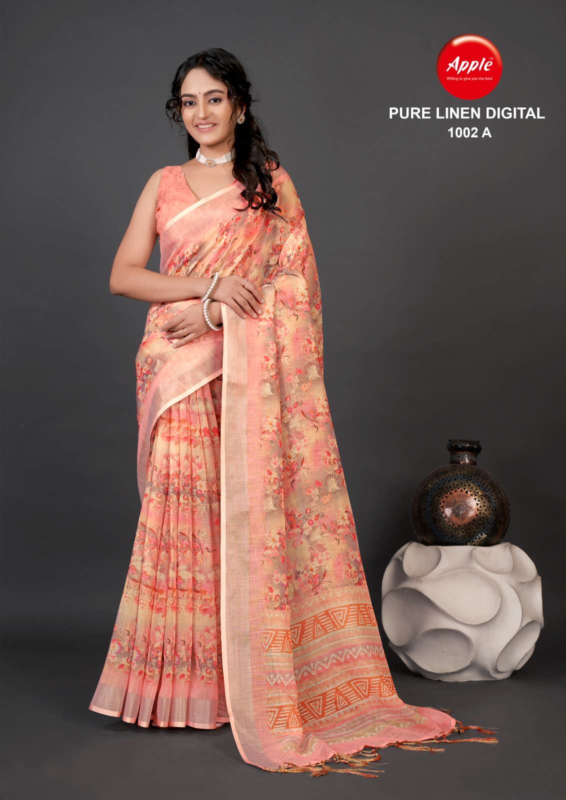 apple pure linen digital 1002 printed 4 colour matching saree wholesale rate