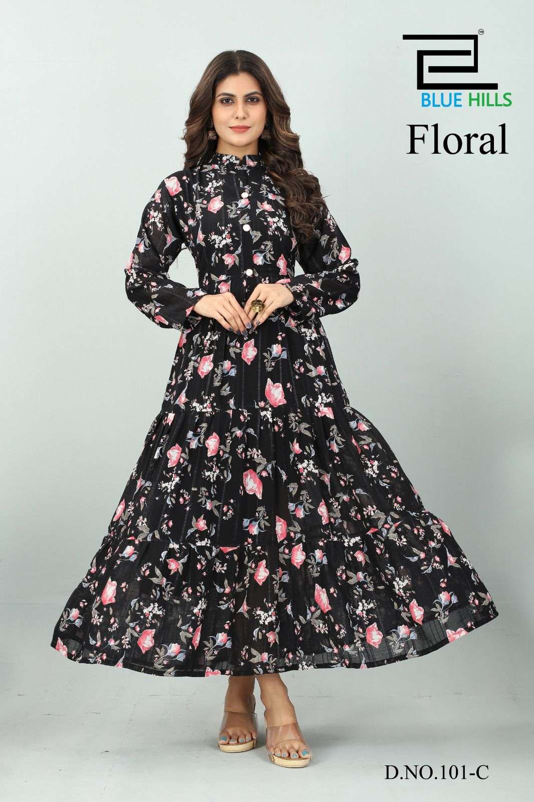 blue hills present floral print fancy long gown 