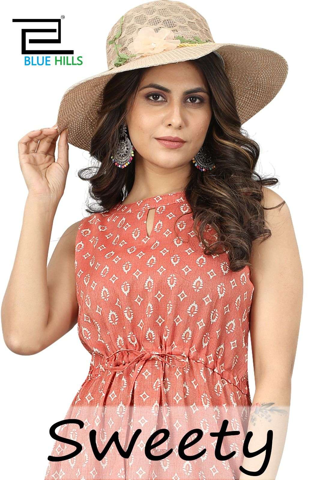 blue hills sweety fashionable summer wear printed kurti with waist belt 