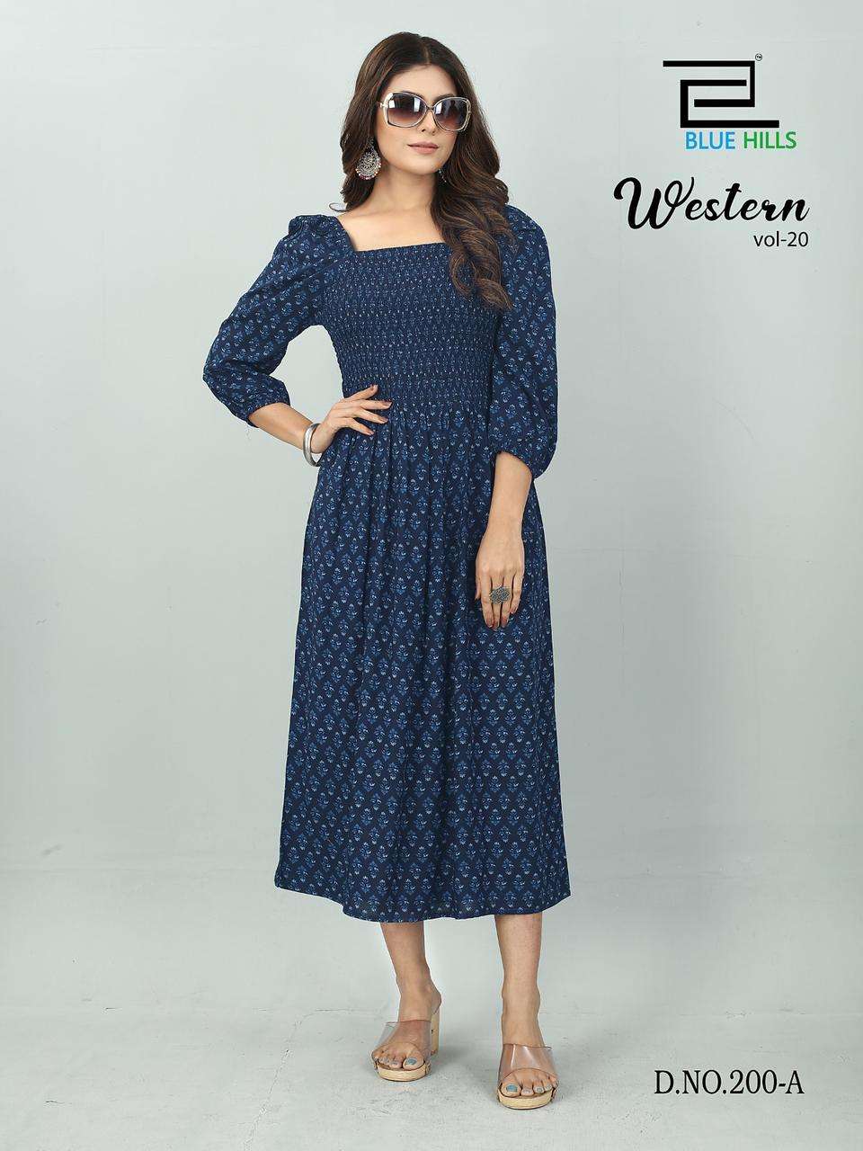 blue hills western vol 20 smoke pattern fancy party wear long dress kurti 
