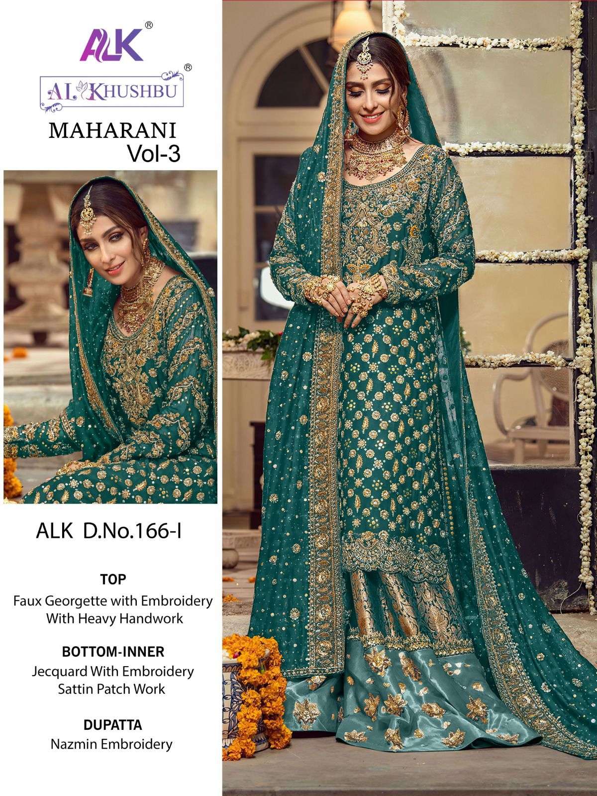 designer rama green color wedding salwar kameer 166i maharani vol 3 by al khushbu 