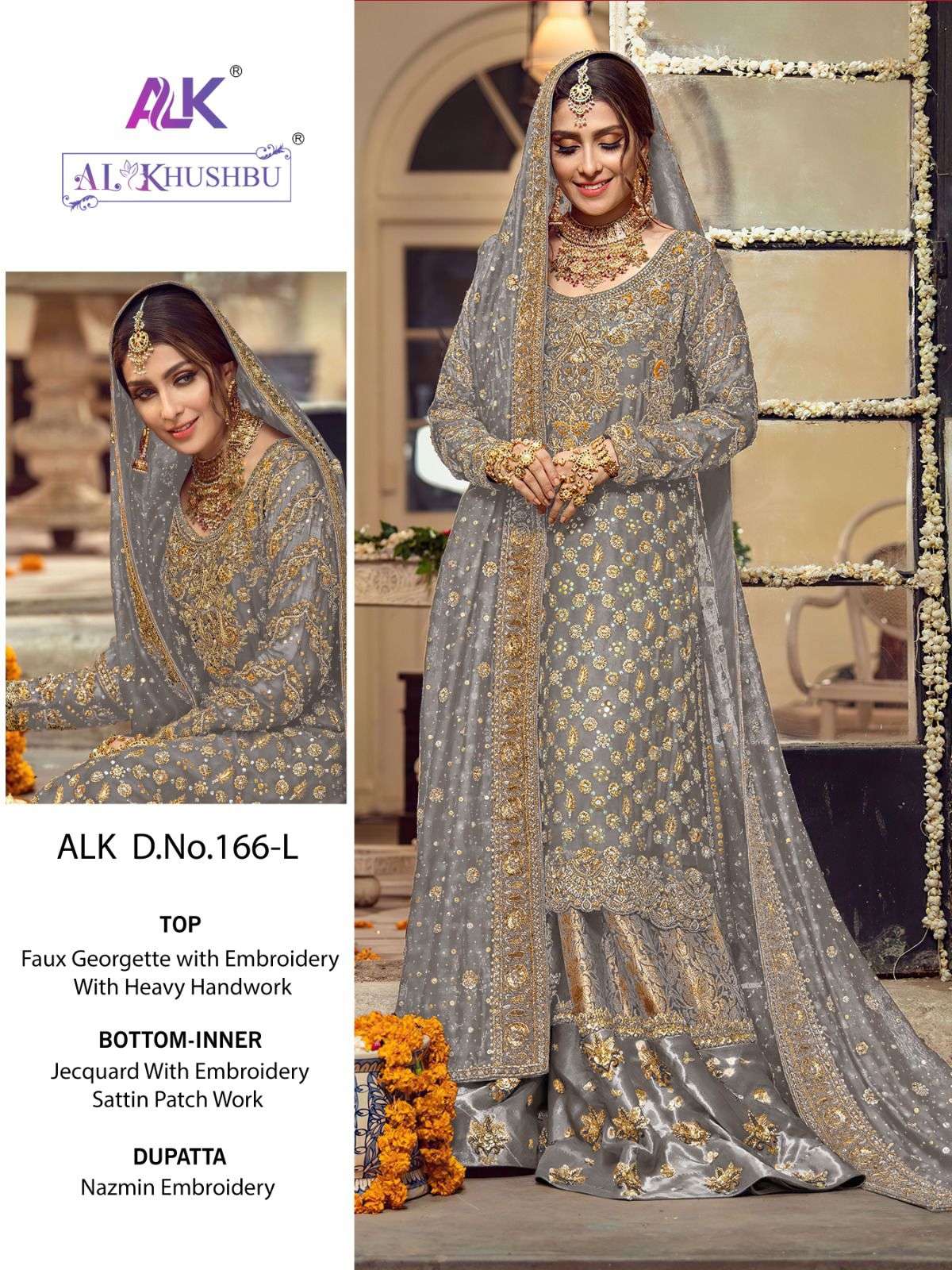 glorious grey color bridal salwar kameez 166l maharani vol 3 by al khushbu 
