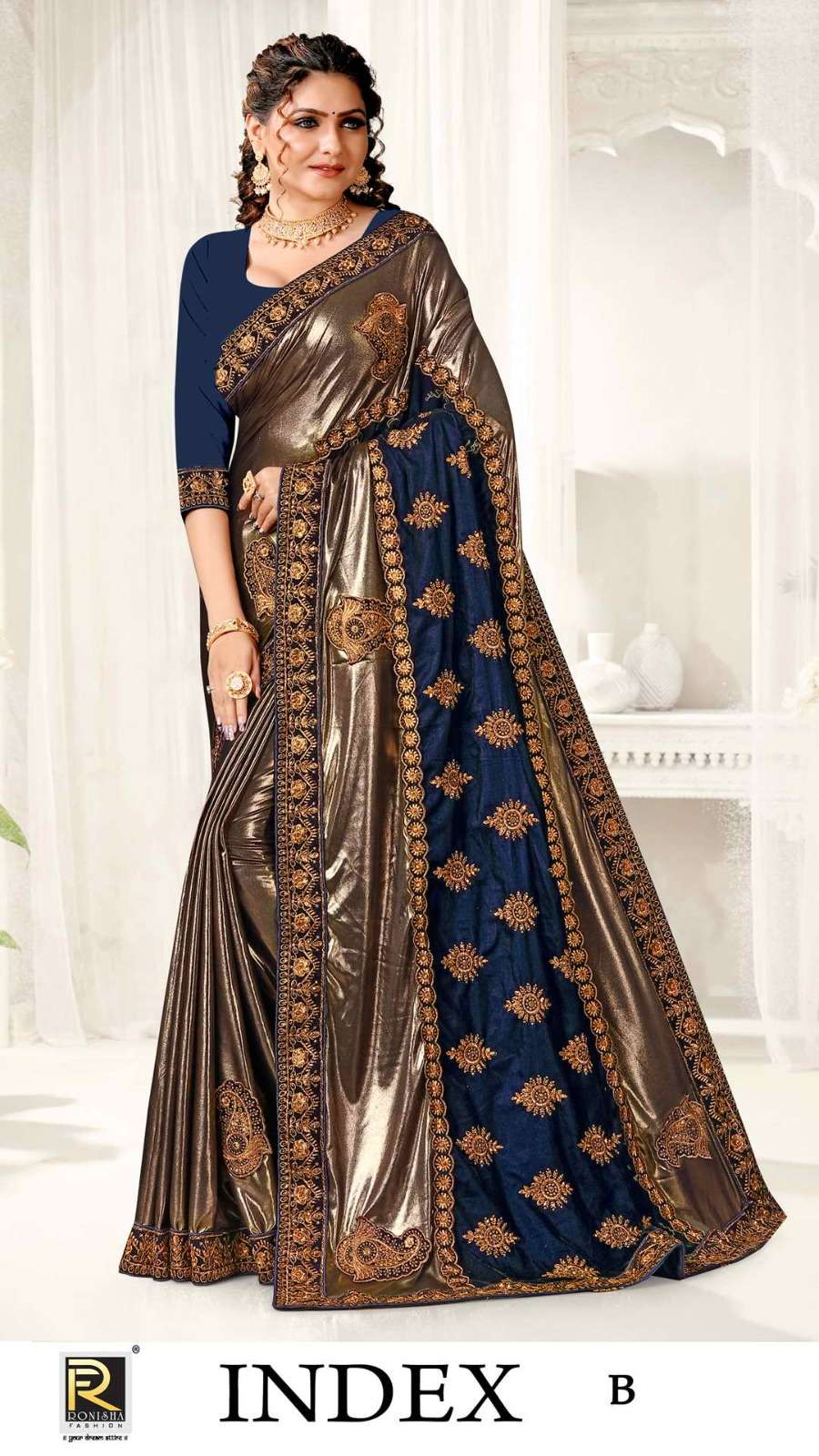Index by ranjna saree fabric imported lycra  fancy embroidery  worked  fancy designer exclusive saree collection