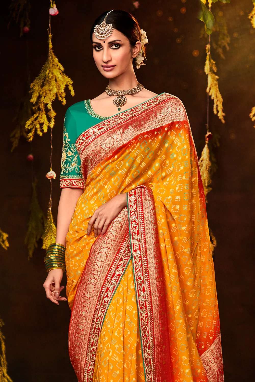 kimora bandhej sa 164 designer yellow color traditional single saree