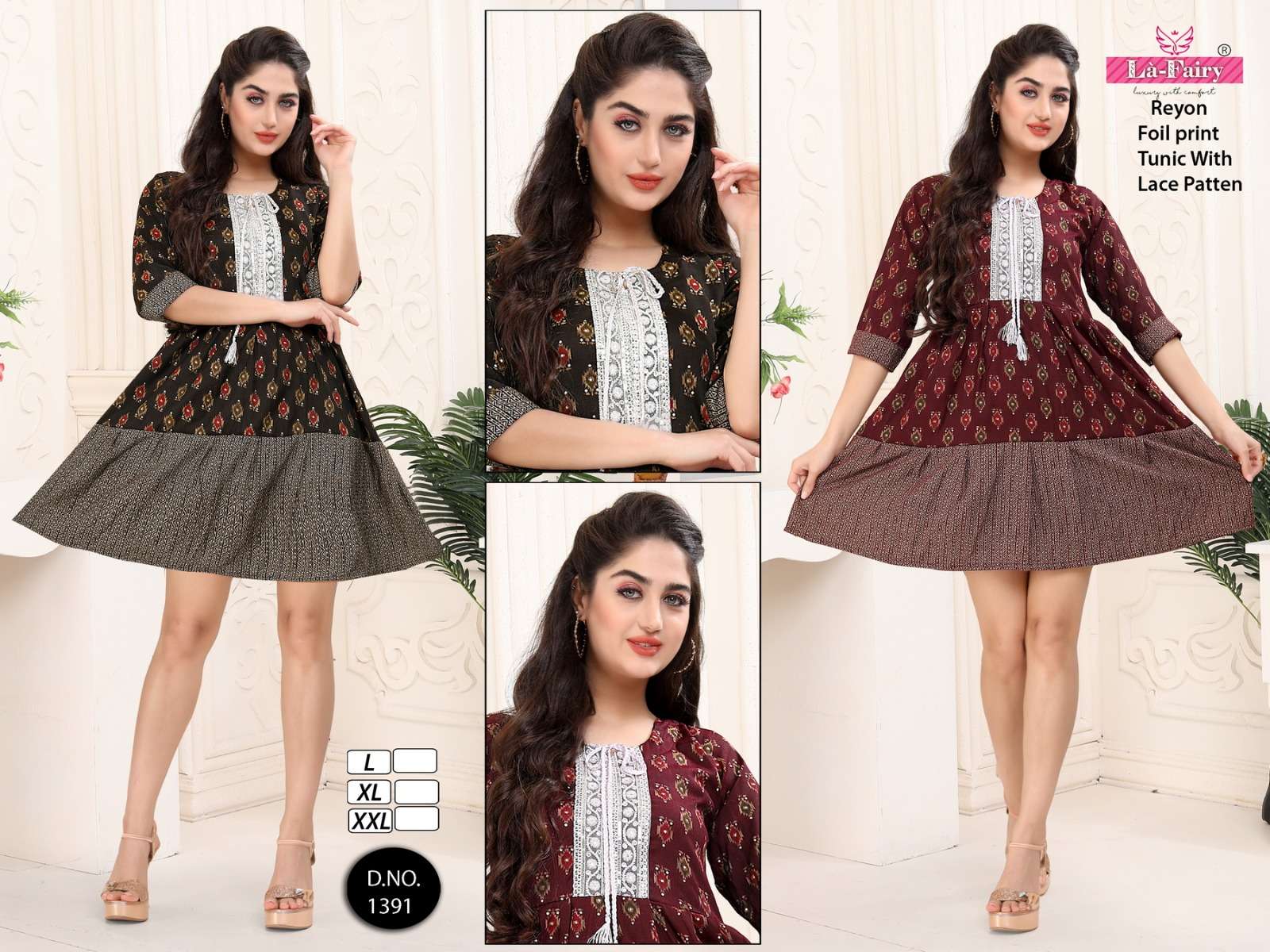 la fairy 1391-1393 foil print fancy tunic tops combo set 