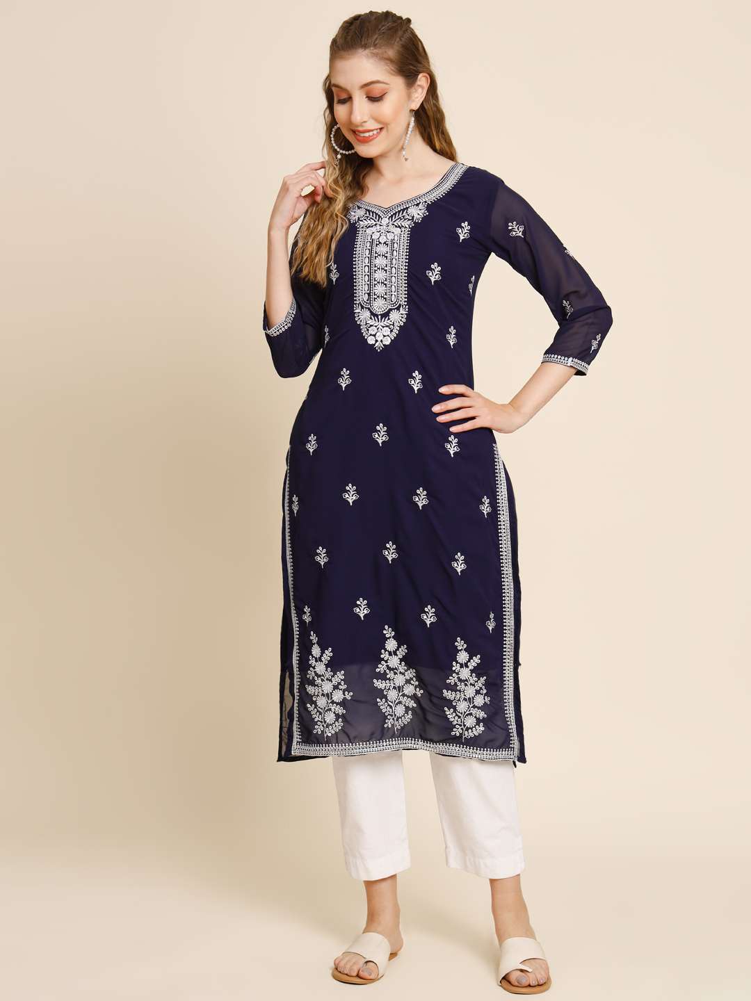 Legendry Soft Georgette Kurta with Embroidery Work  - Straight Shape Three Quarter Sleeves - Sweetheart Neck)