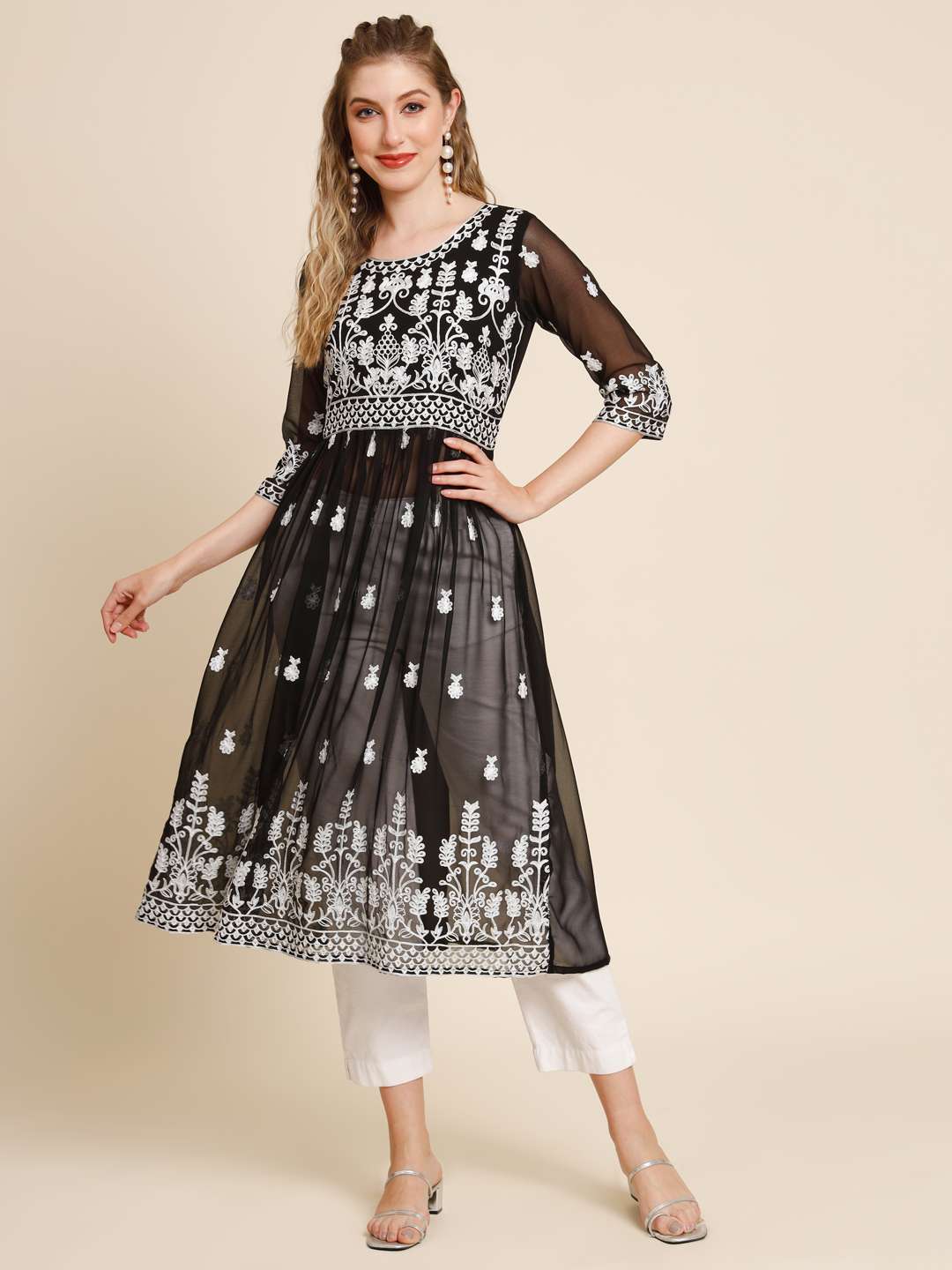 Luxuria Soft Georgette Kurta with Embroidery Work - Anarkali shape with empire style -Three Quarter Sleeves - Round Neck)