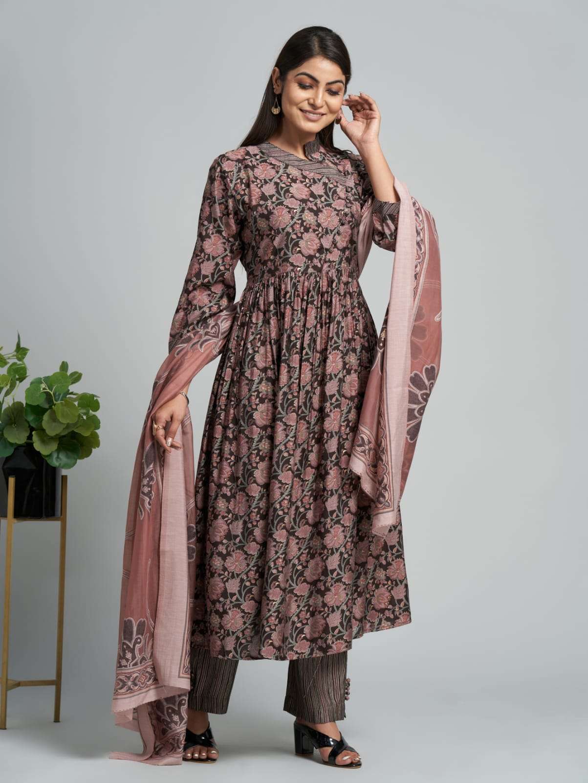 pr d124 designer printed brown color readymade salwar suit combo set