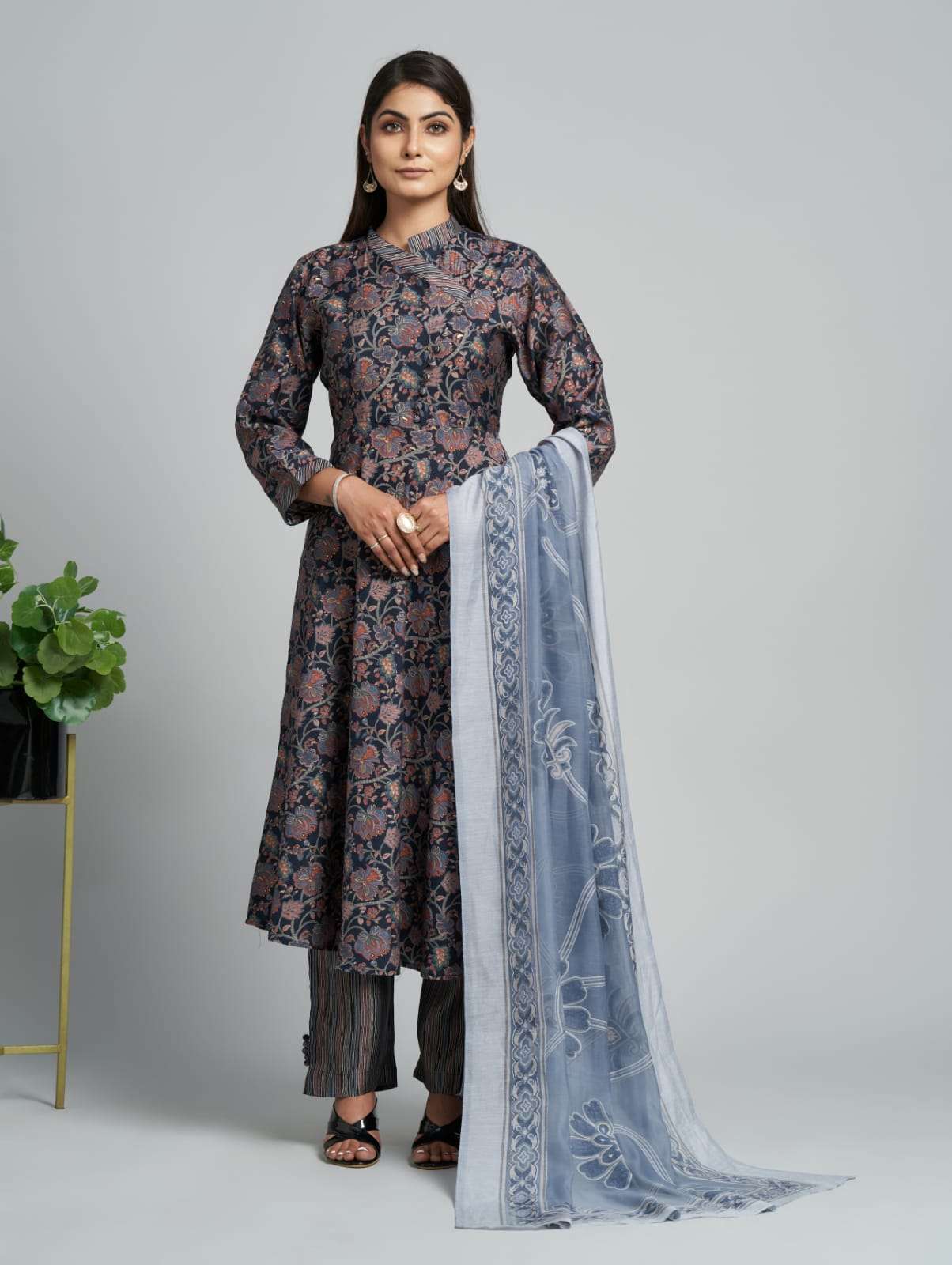 pr d124 designer printed navy blue color readymade salwar kameez combo set 