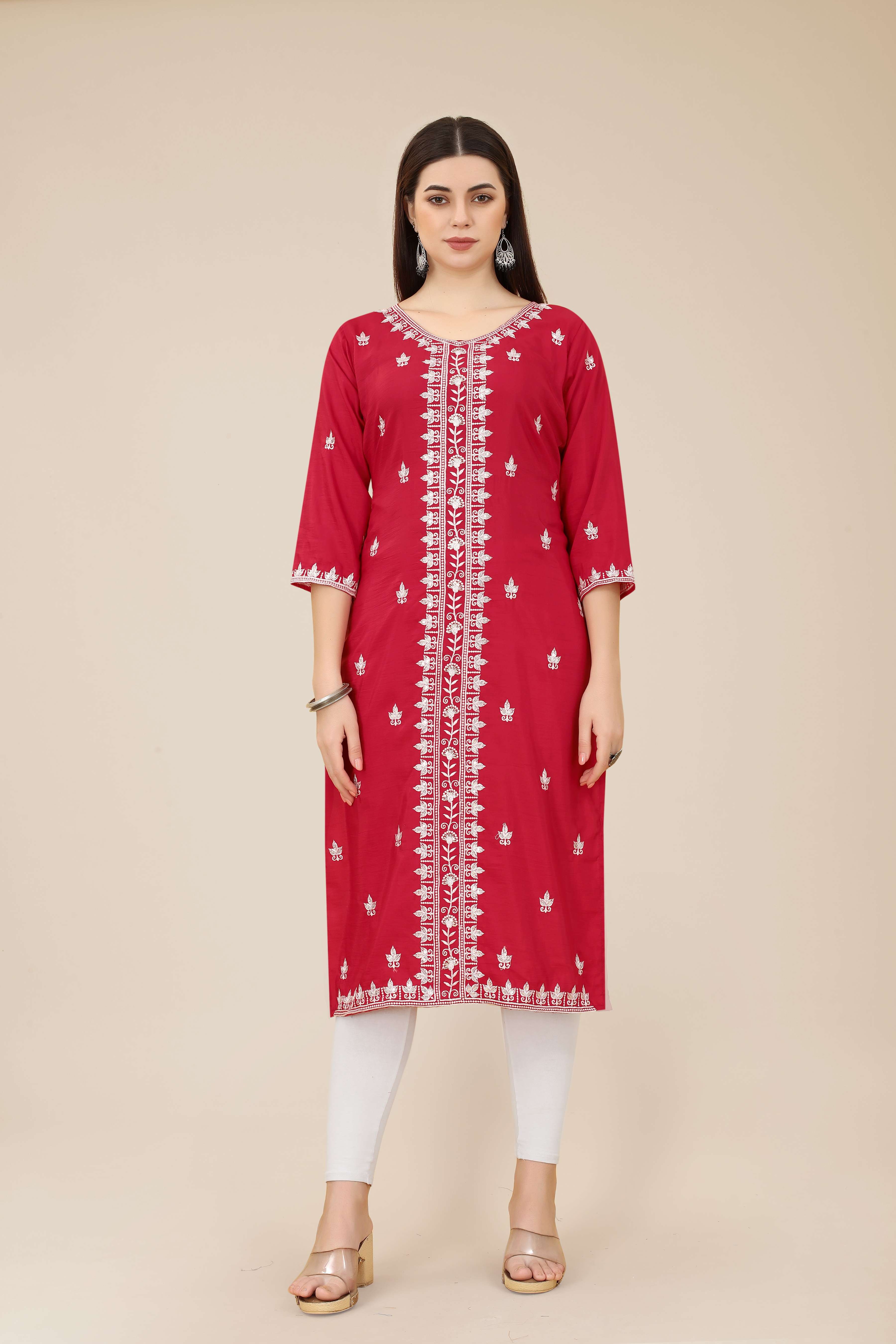 Qatar Soft Shiny Silk Kurta with Embroidery Work Straight Shape Three Quarter Sleeves Round Neck