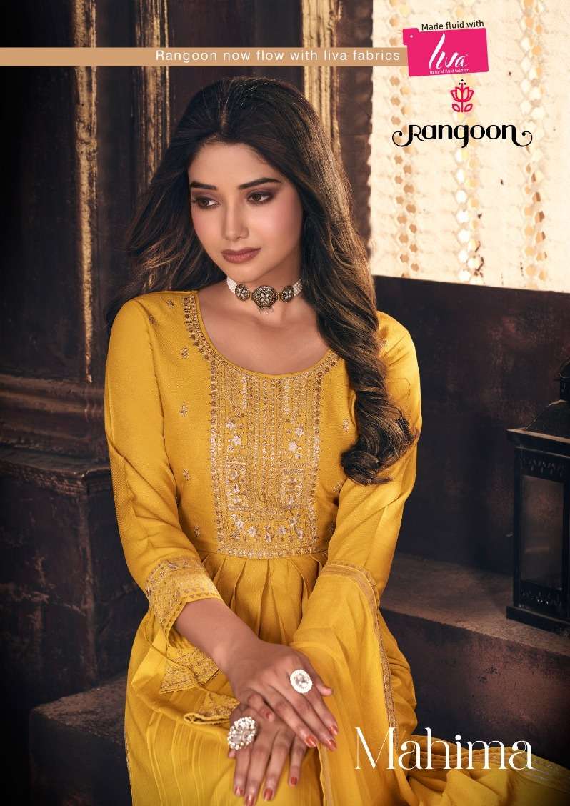 rangoon mahima designer fancy nayra cut kurti with pant and dupatta