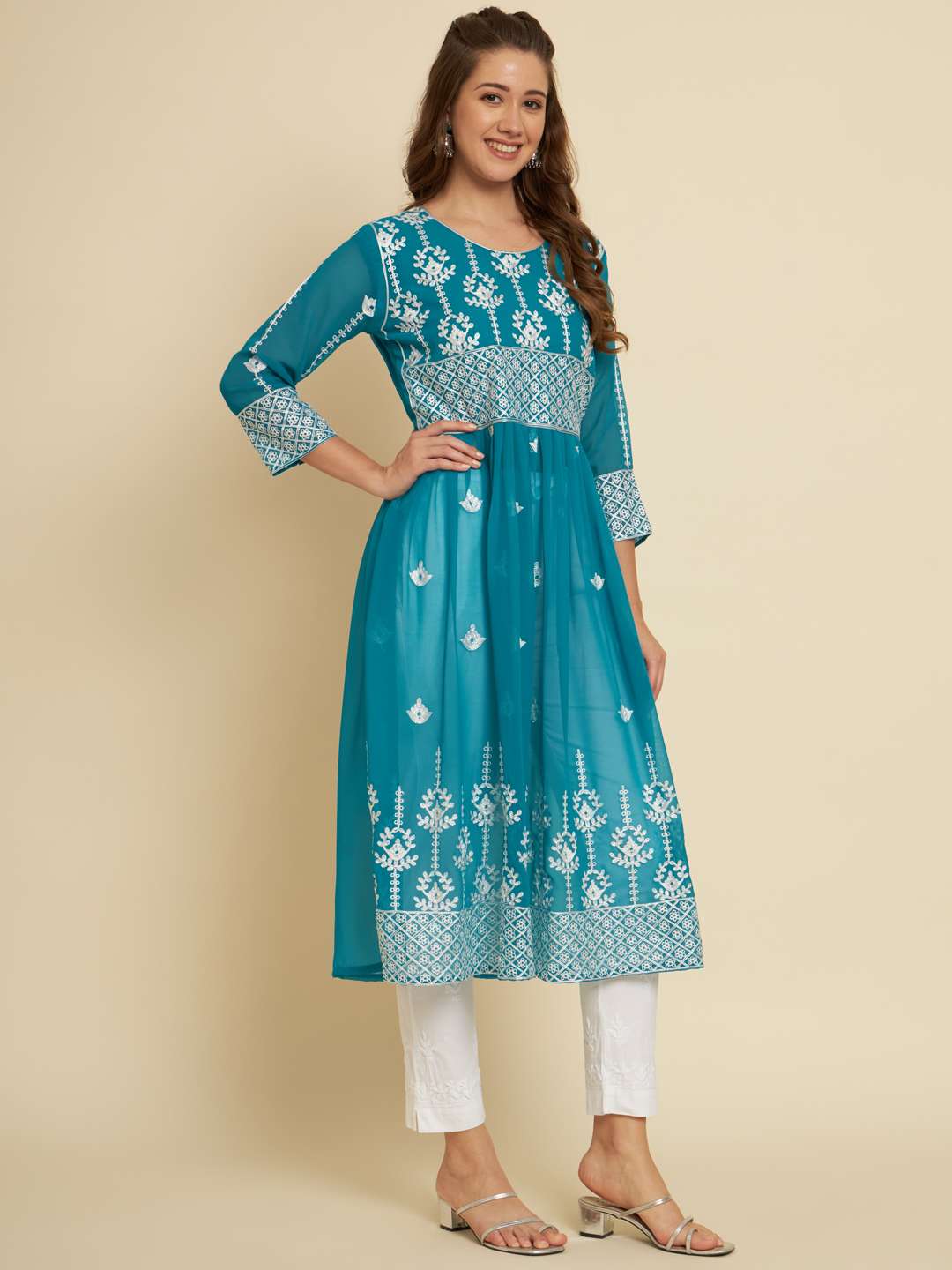 Sia 2 Soft Georgette Kurta with Embroidery Work Anarkali shape with Empire style Three Quarter Sleeves Round Neck