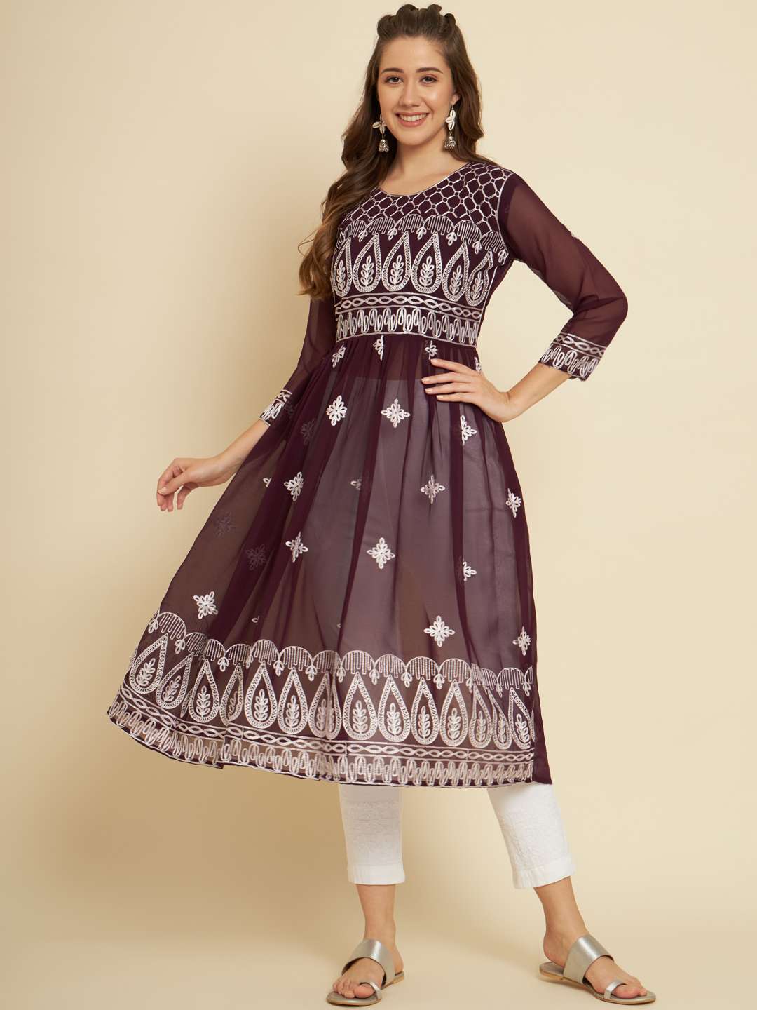 Sia Soft Georgette Kurta with Embroidery Work Anarkali shape with Empire style Three Quarter Sleeves Round Neck