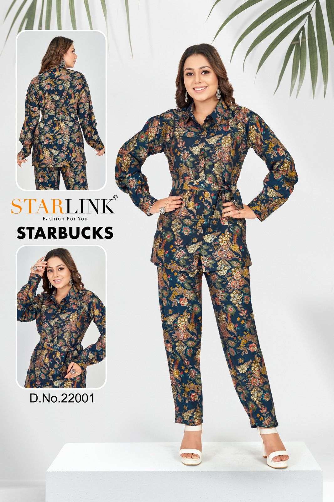starlink present starbucks exclusive printed cord set short tunic with belt and pant combo set 