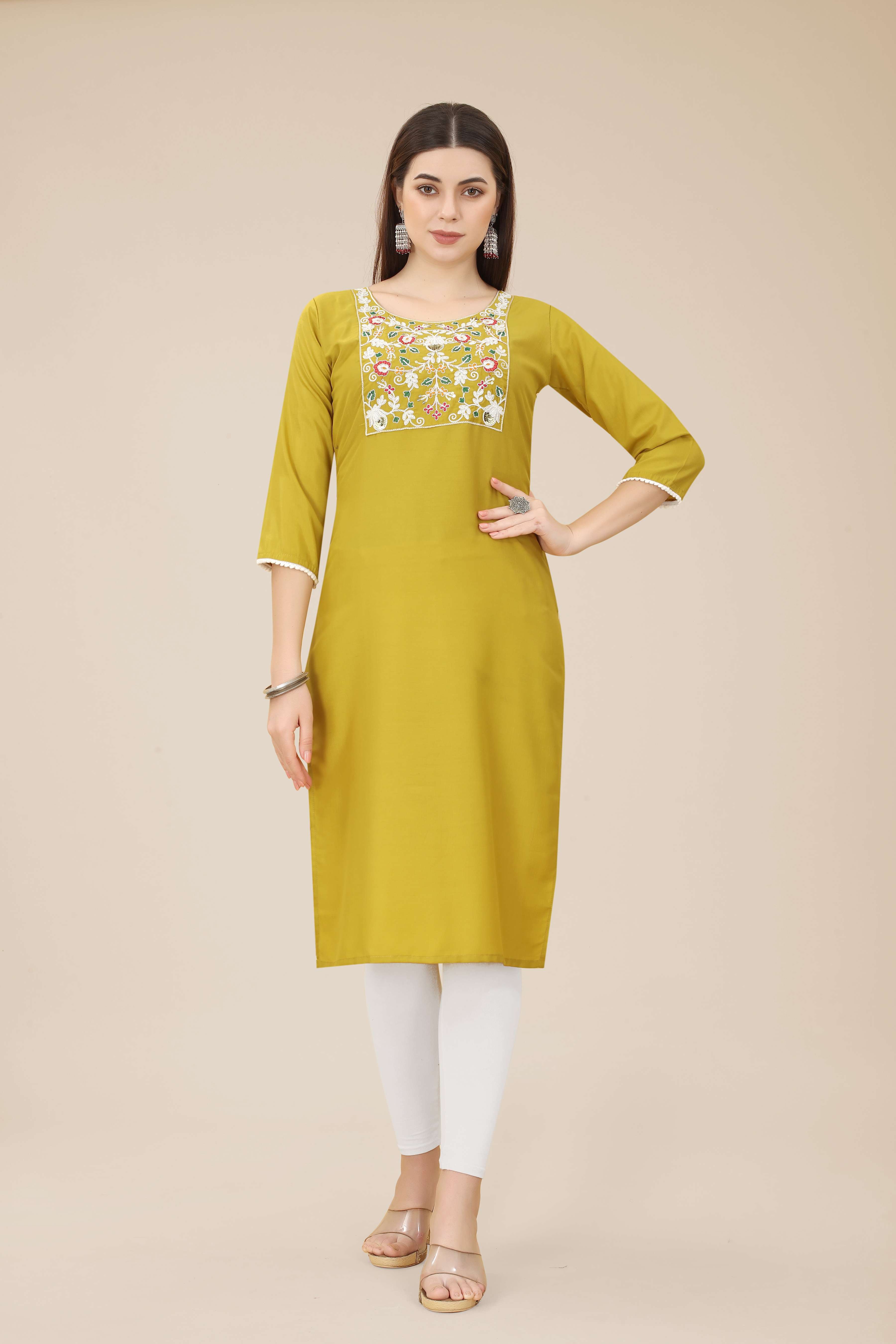 Swati Soft chinnon Kurta with Embroidery Work Straight Shape Three Quarter Sleeves Round Neck