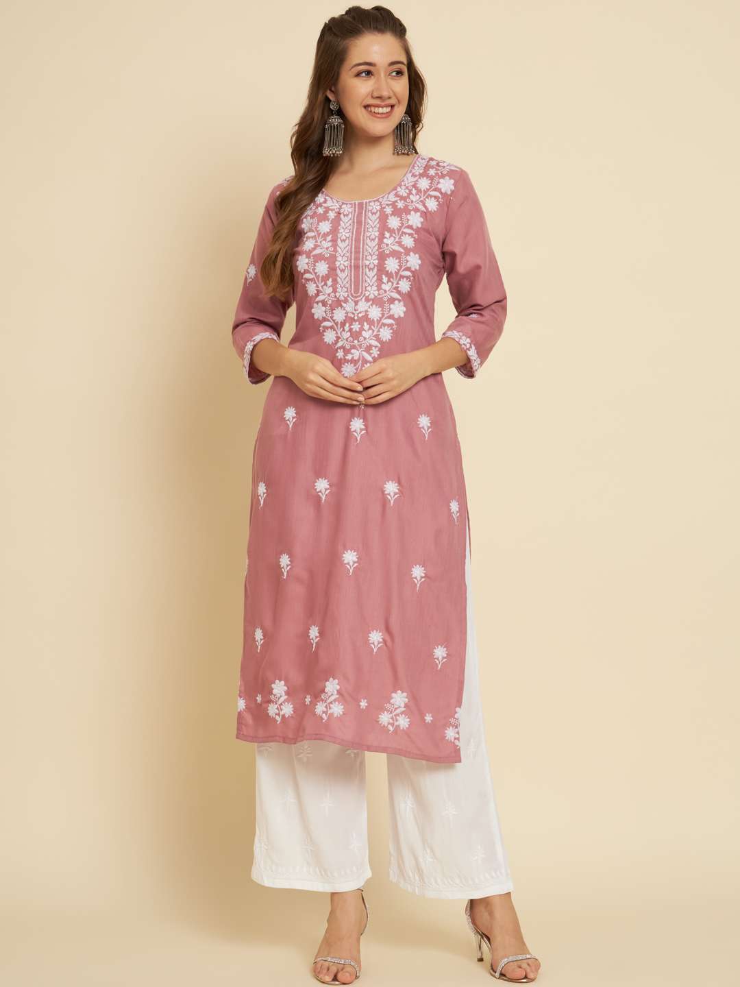 Tesla 2 Soft Slub Cotton  Kurta with Embroidery Work Straight Shape Three Quarter Sleeves Round Neck Lucknowi chickankari work