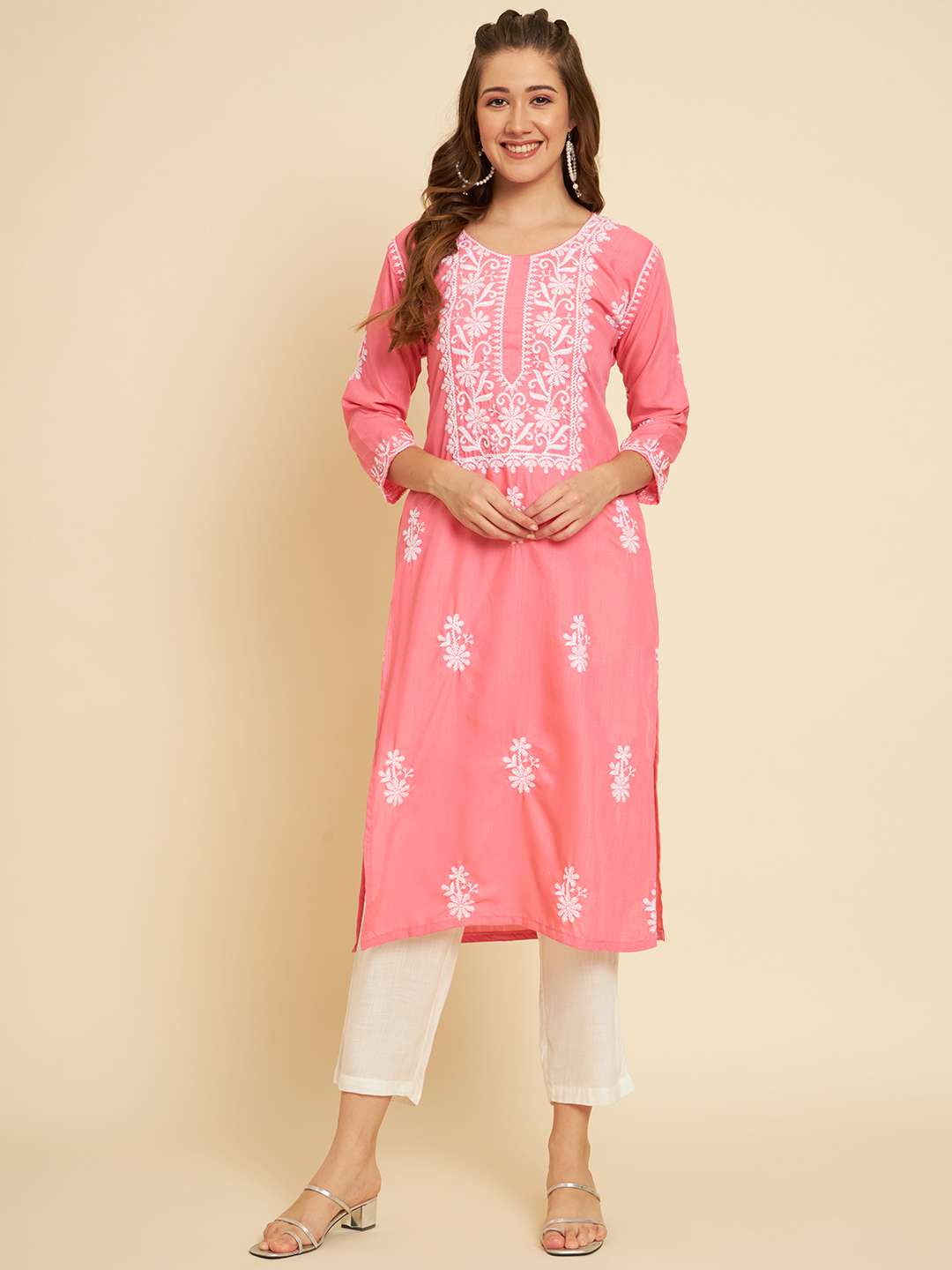 Tesla Soft Slub Cotton  Kurta with Embroidery Work Straight Shape Three Quarter Sleeves Round Neck Lucknowi chickankari work