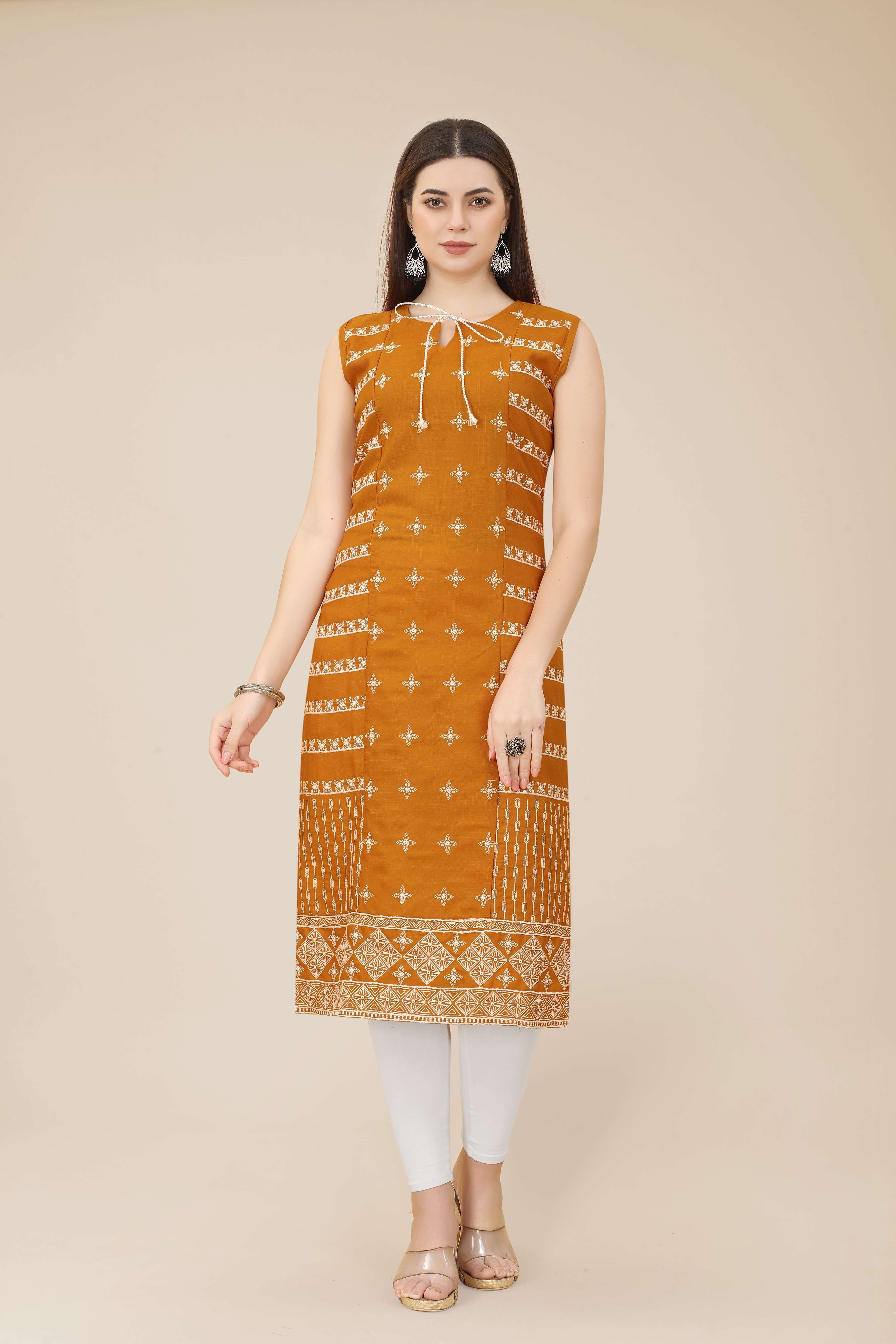 Toronto Soft Cotton Kurta with Embroidery Work Straight Shape Sleeveless Tie Up Neck