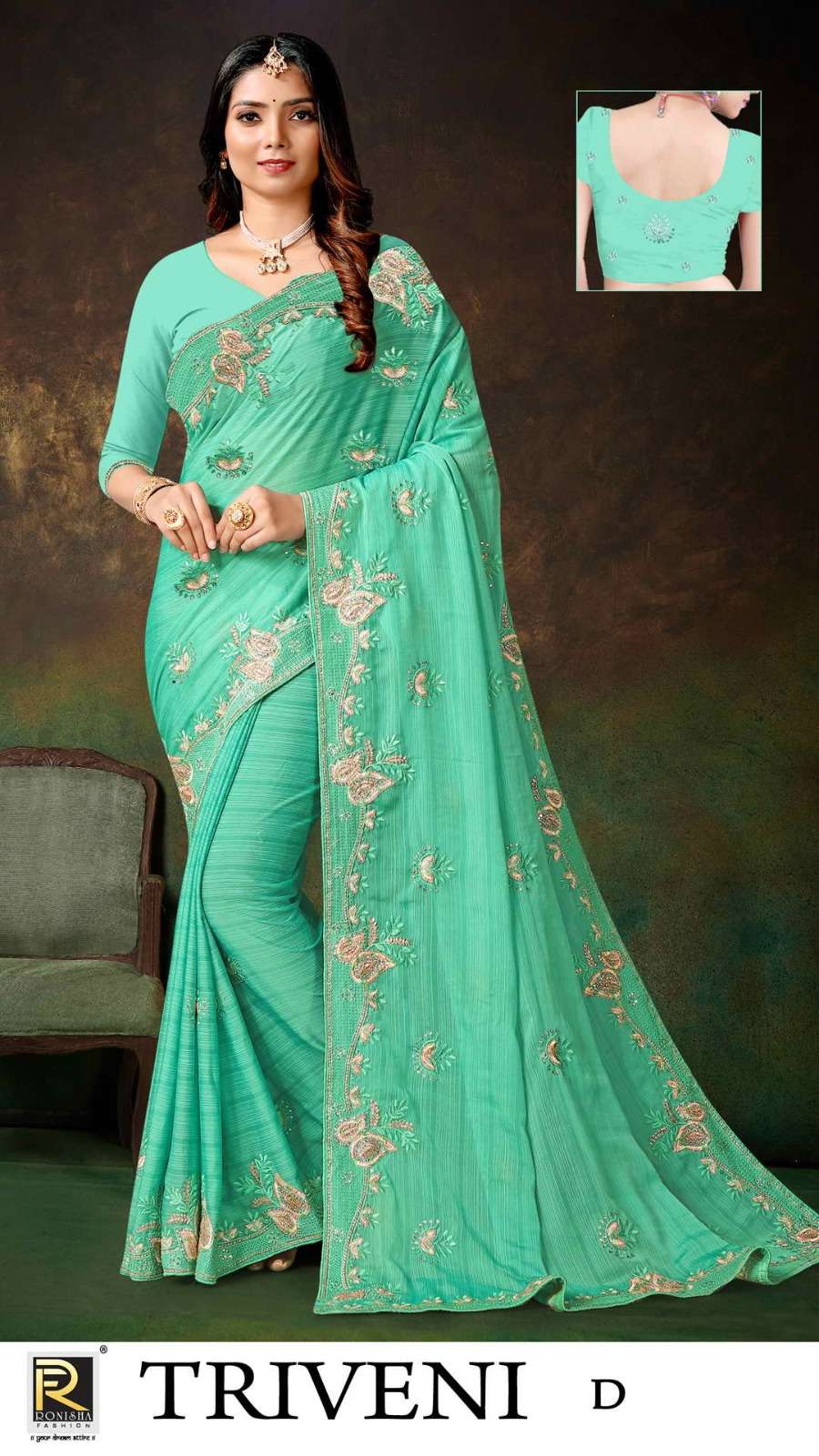 TRIVENI  BY RANJNA SAREES  FANCY FABRICS SELF PATTERN WITH EMBROIDERY AND STONE WORK   DESIGNER SAREES COLLECTION