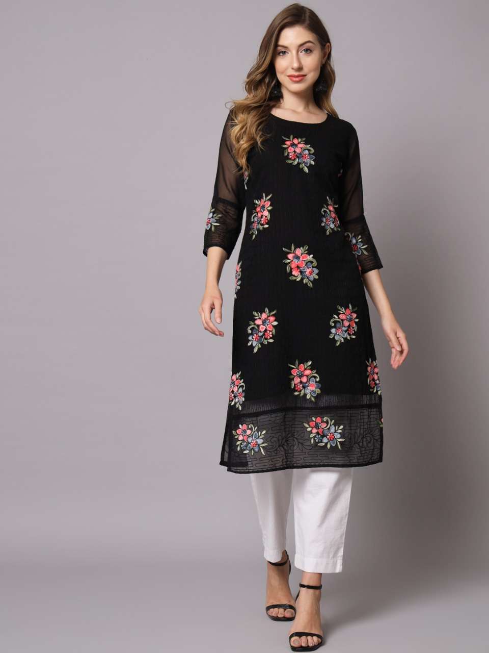 White Flower Georgette Straight Embroidered Kurta with crepe inner