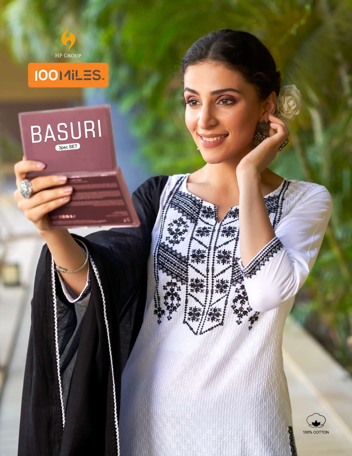 basuri by 100 miles 3pcs set fancy cotton schiffli work kurti with pant and dupatta catalogue