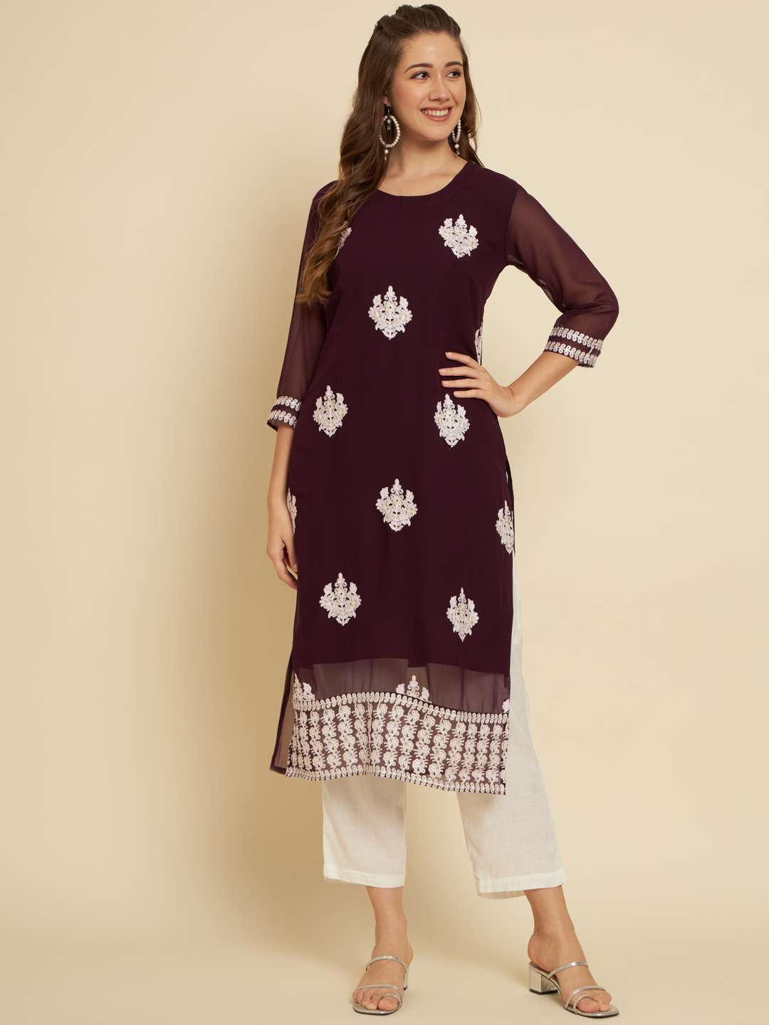 Black Chain Soft Georgette Kurta with Embroidery Work Straight Shape Three Quarter Sleeves Round Neck crepe inner