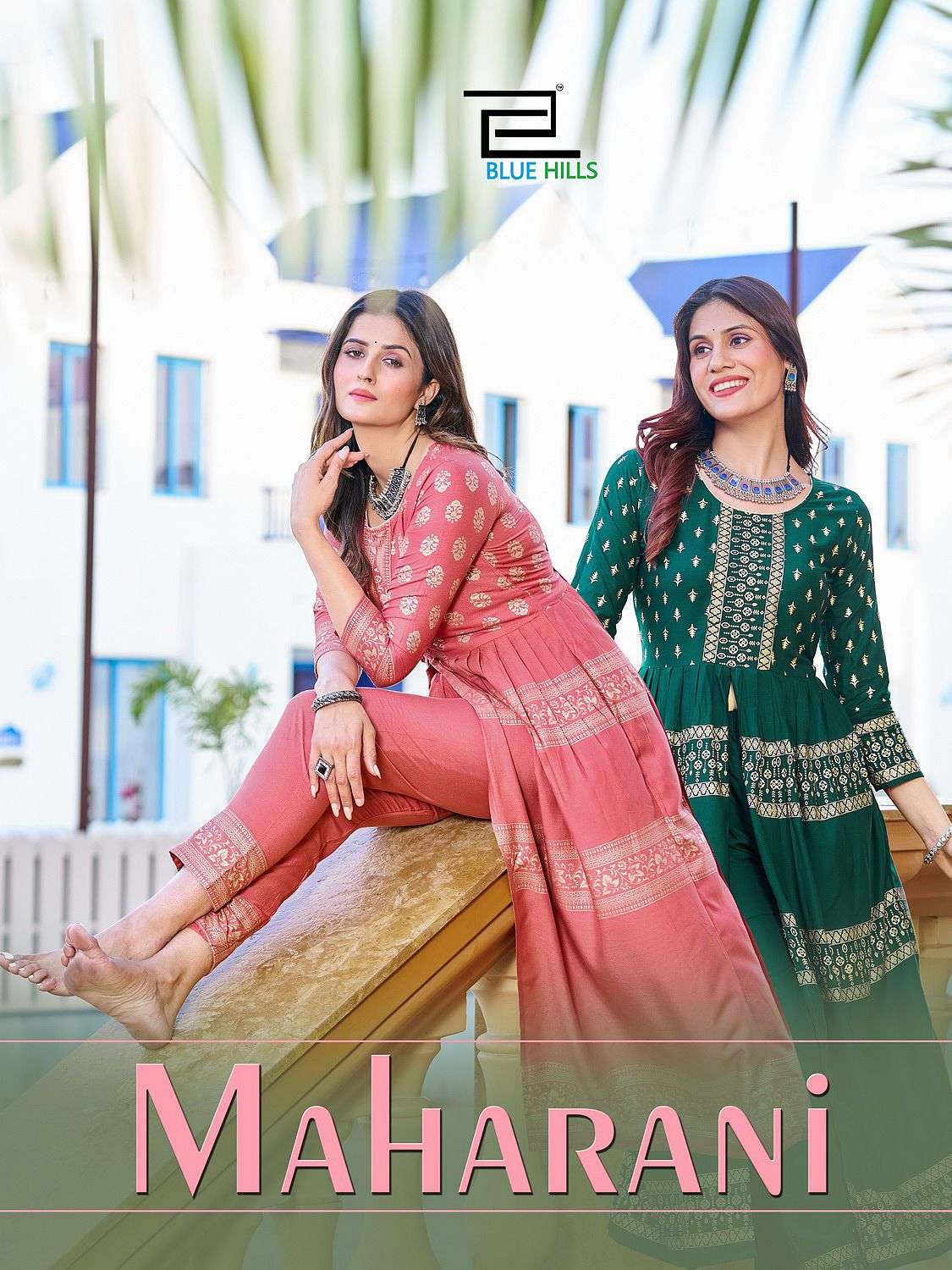 blue hills present maharani foil print centre cut pattern fancy kurti with pant 