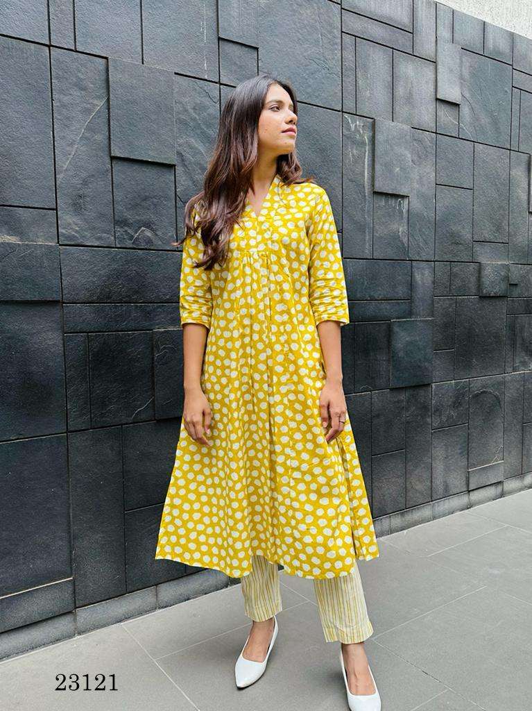 indira apparel 23121 fancy cotton cambric a aline kurti with pant combo set