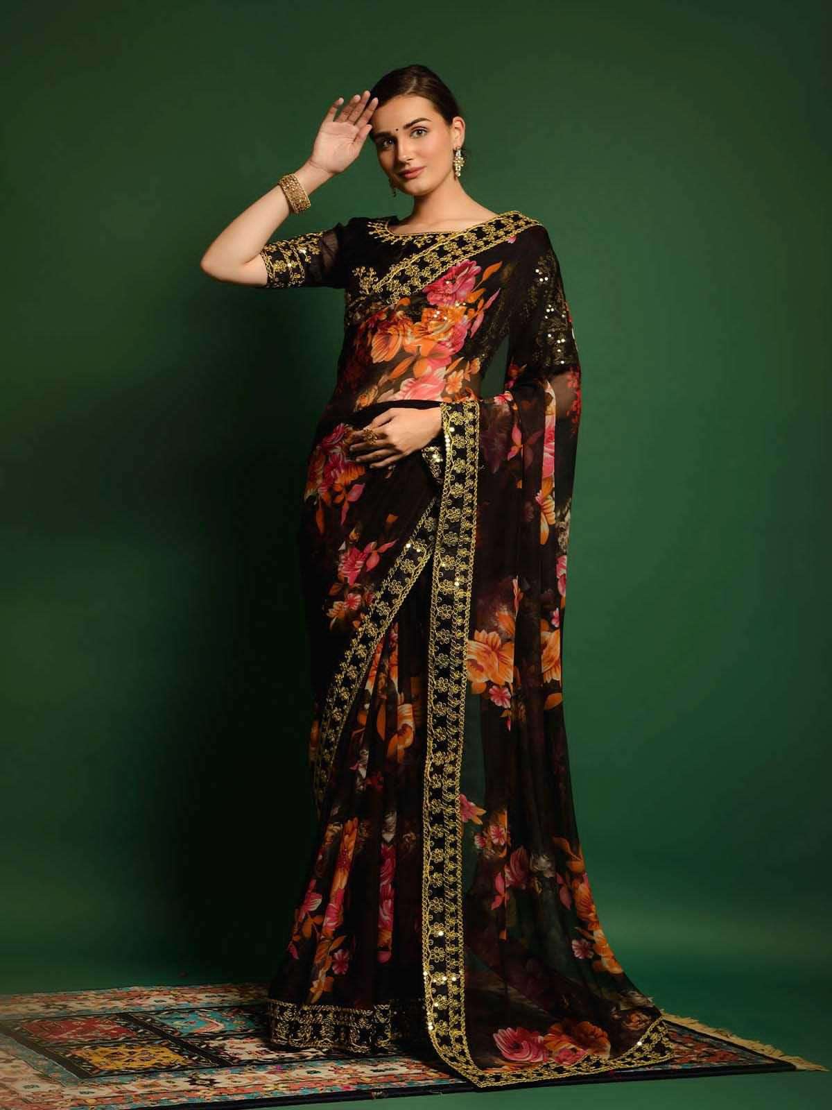 Kelly Floral Print Organza Saree with Lace Border & Blouse Embroidered Blouse Piece