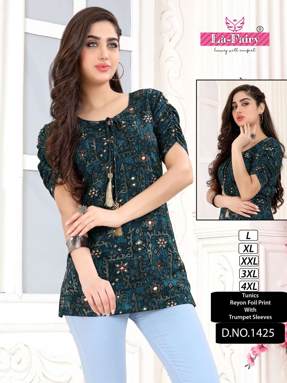 la fairy 1425 foil print with trumpet sleeve girls tops combo set