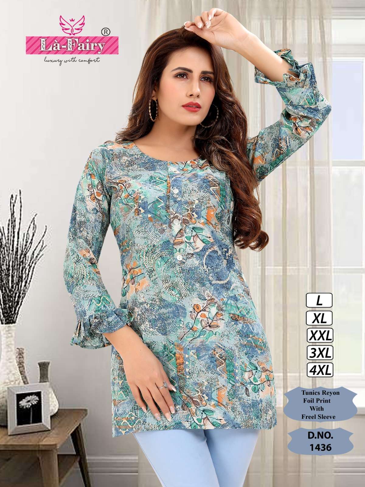 la fairy 1434-1438 fancy rayon foil print readymade tunics with frill sleeves combo set