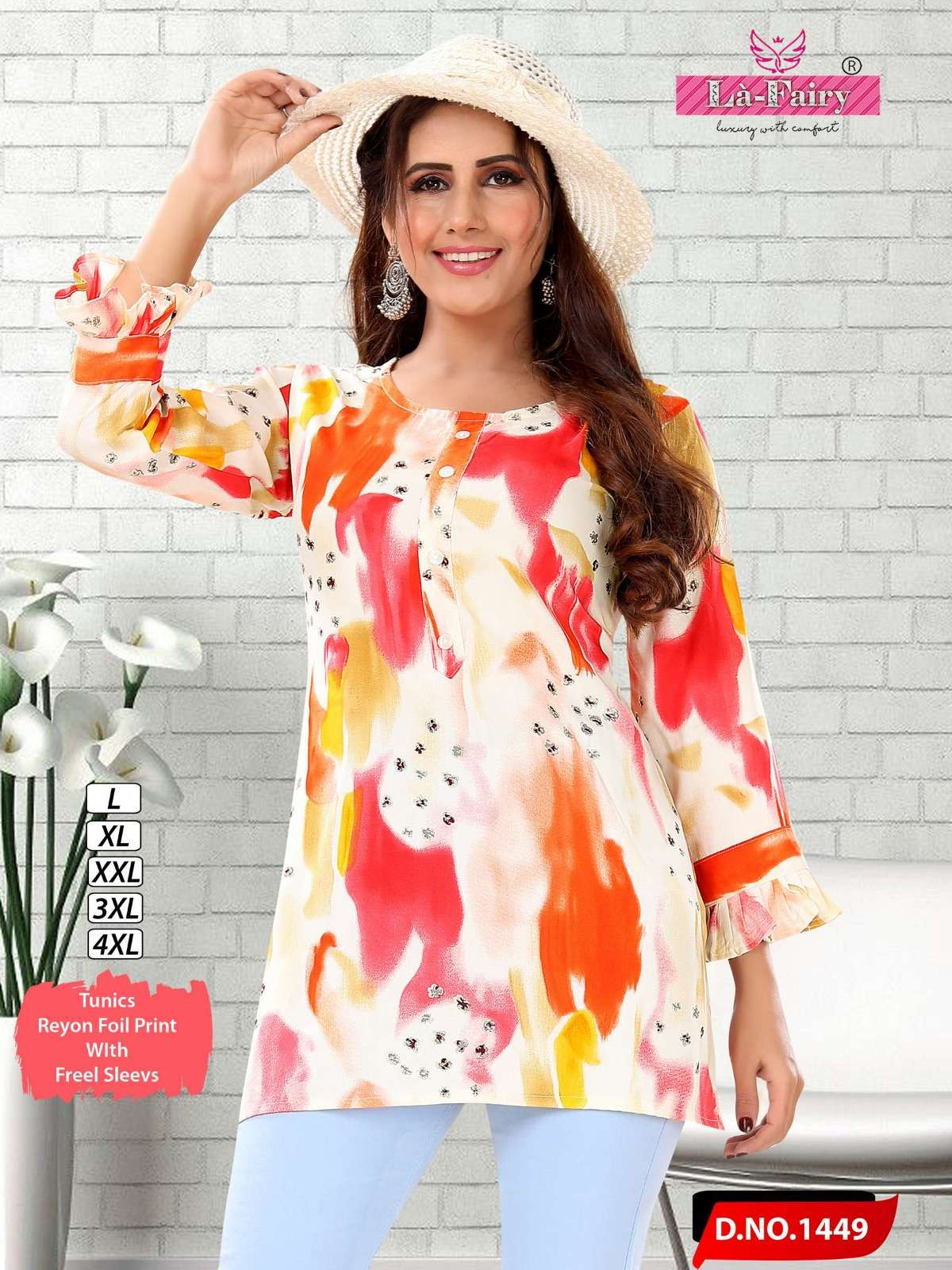la fairy 1448-1450 fancy rayon foil print readymade tunics tops with frill sleeves combo set