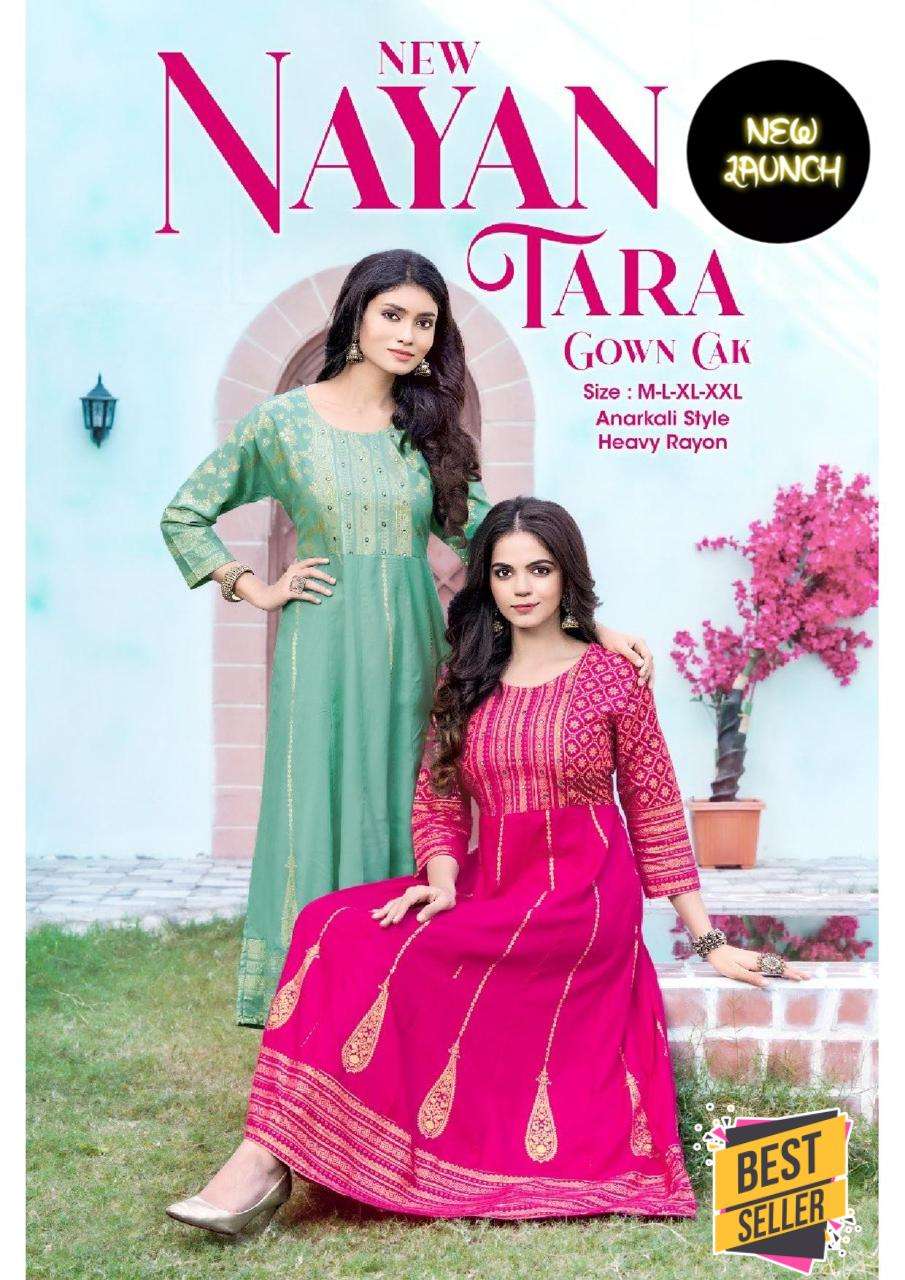 NEW NAYAN TARA GOWN HEAVY RAYON 14 KG GOLD FOIL PRINT KURTI CATALOG WHOLESALER BEST RATE
