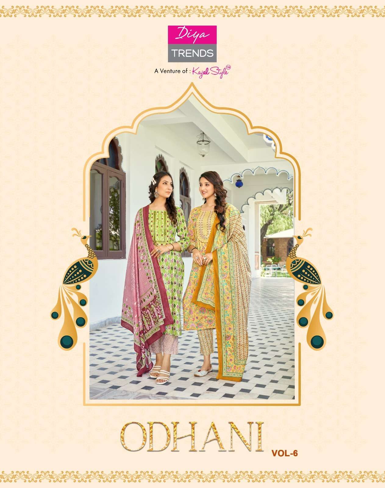 odhani vol 6 by diya trends classy cotton print straight kurti with pant and dupatta