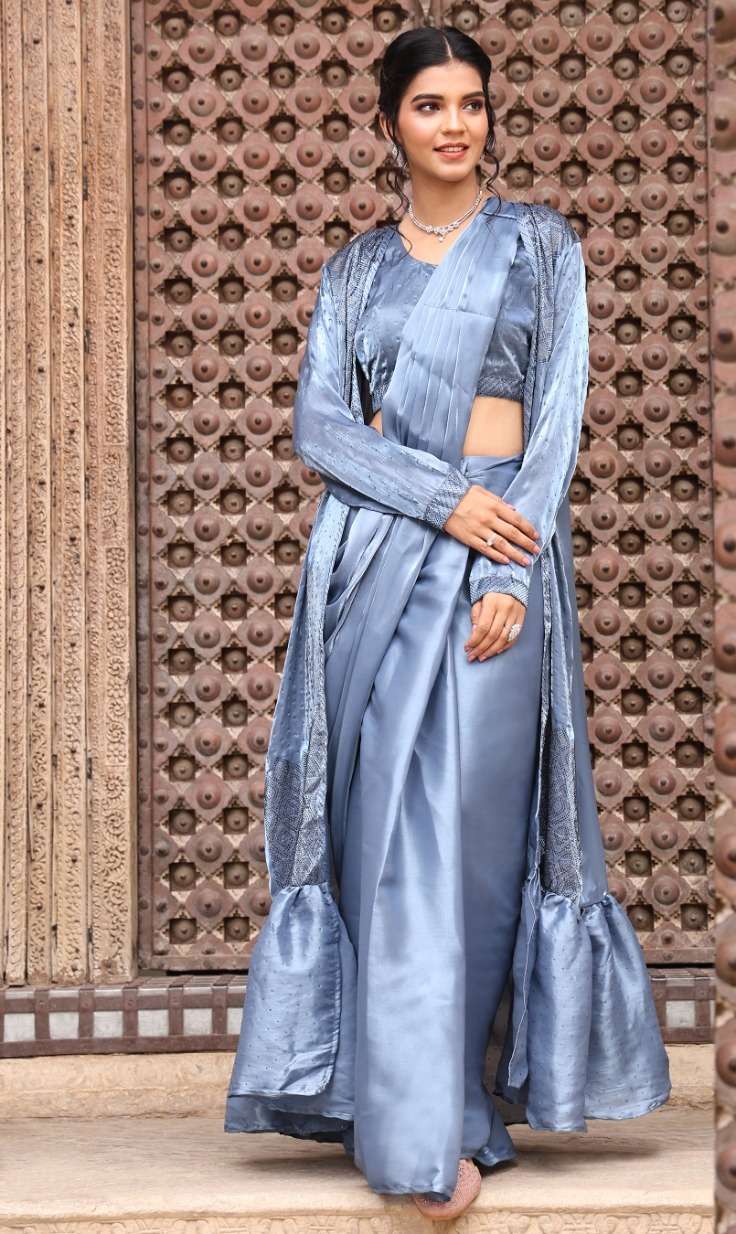 pr 10515 ready to wear fancy saree with swaroski work blouse and beautiful shrug 