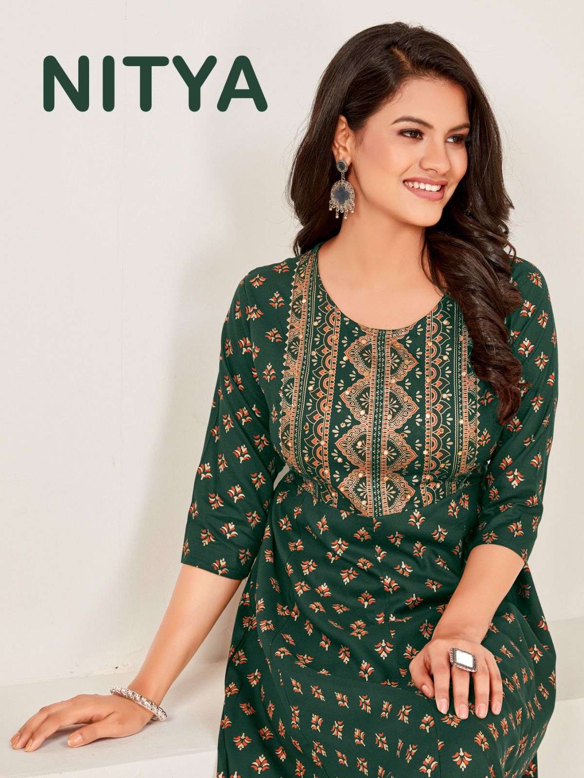 pr nitya fancy foil print flair gown kurtis 