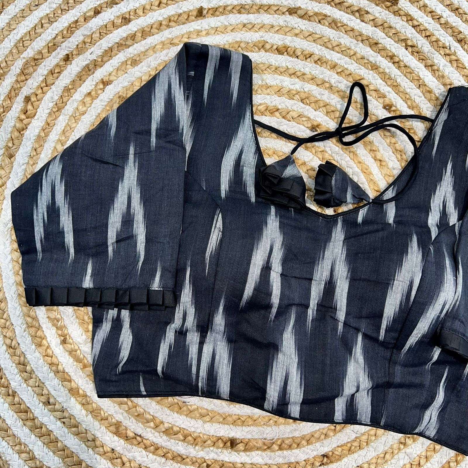 pr original ikkat handloom cotton print fancy frill back hook open design readymade blouse