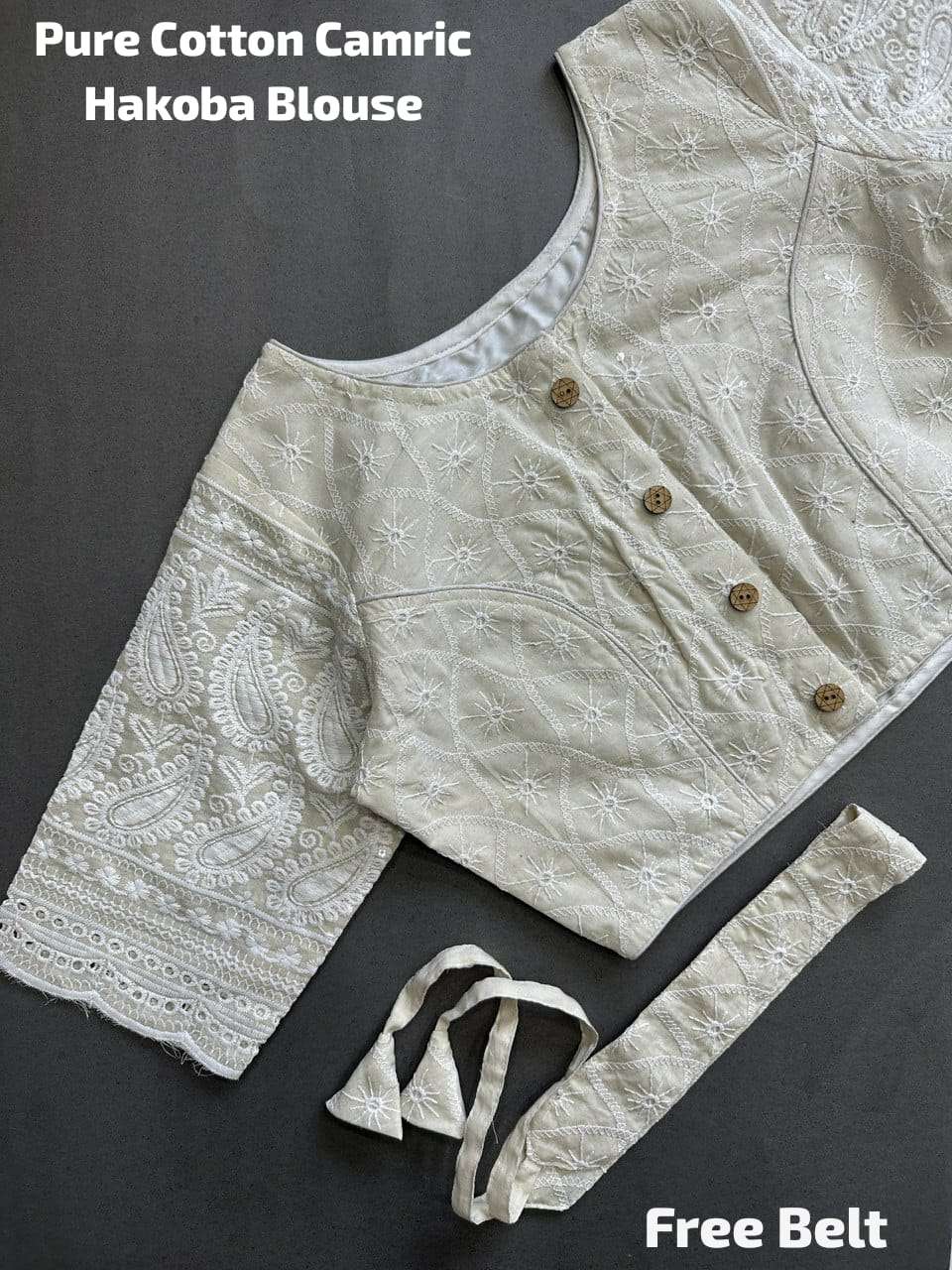 pr trending summer special cambric hakoba belt non padded designer off white color readymade blouse 