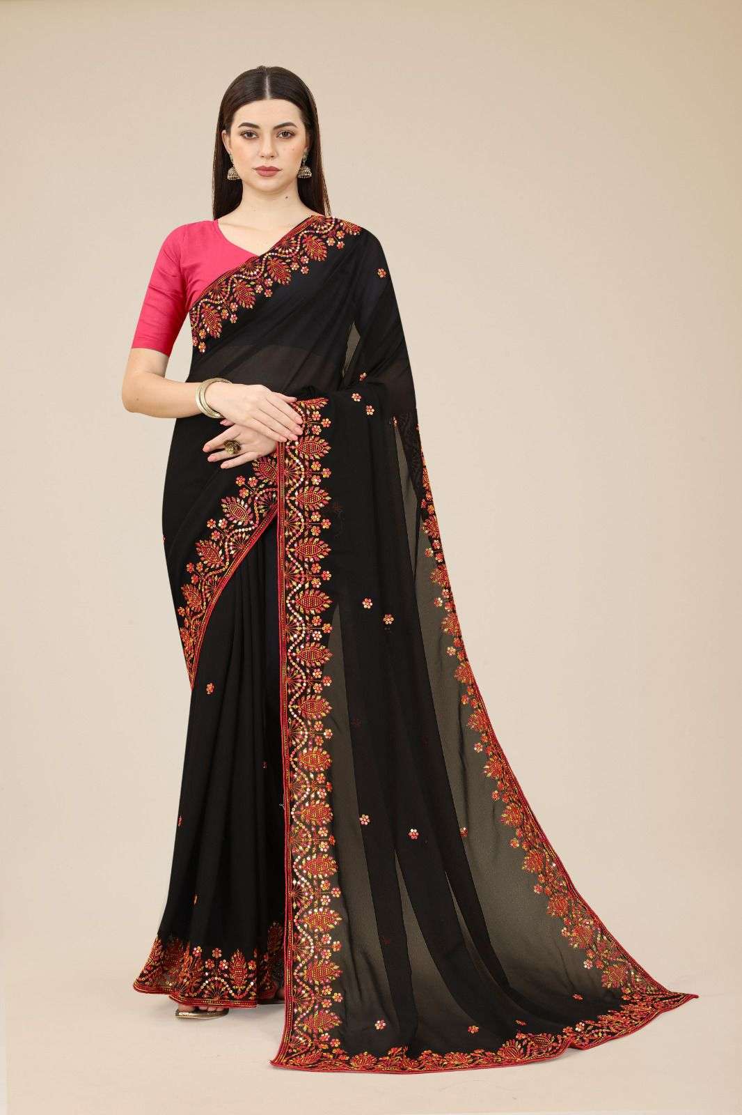 Rashmita Georgette Saree  With Heavy Embroidered Border & Blouse Mono Banglory Silk