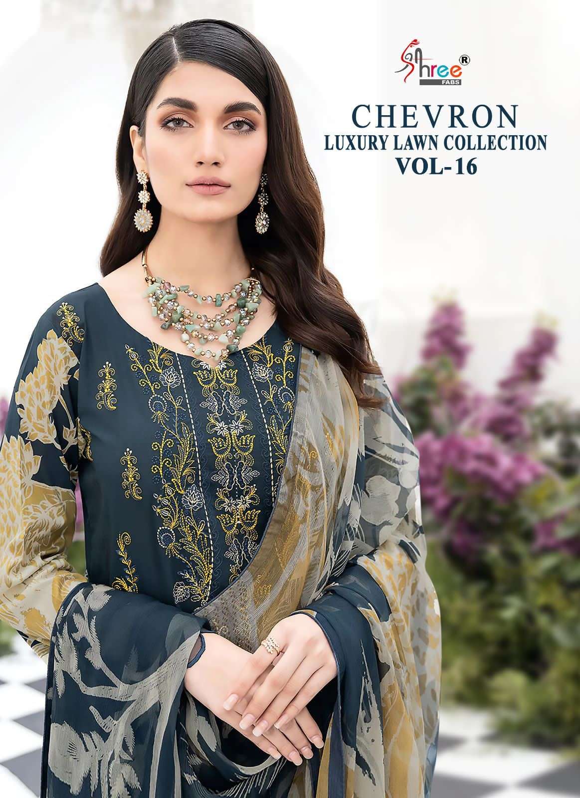 shree fabs chevron luxury lawn collection vol 16 designer work pakistani salwar suit wholesaler  