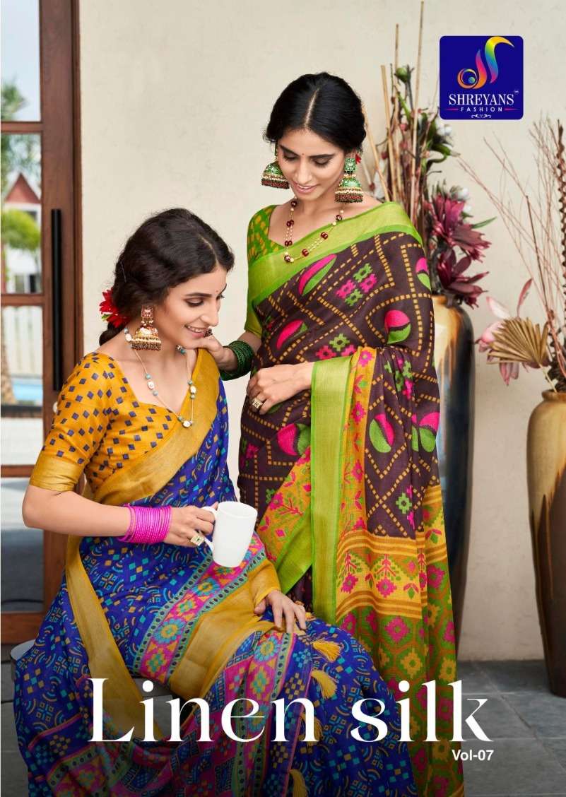shreyans fashion linen silk vol 7 adorable festive wear sarees wholesaler 