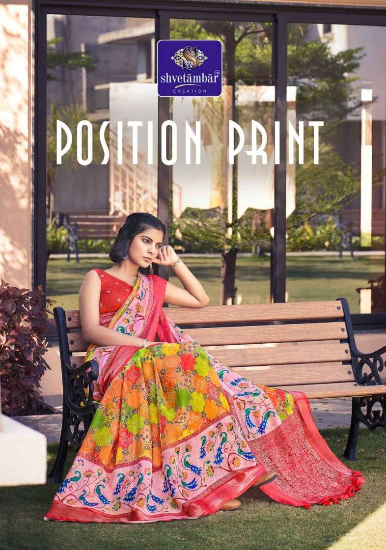 shvetambar creation position print adorable fancy sarees collection 