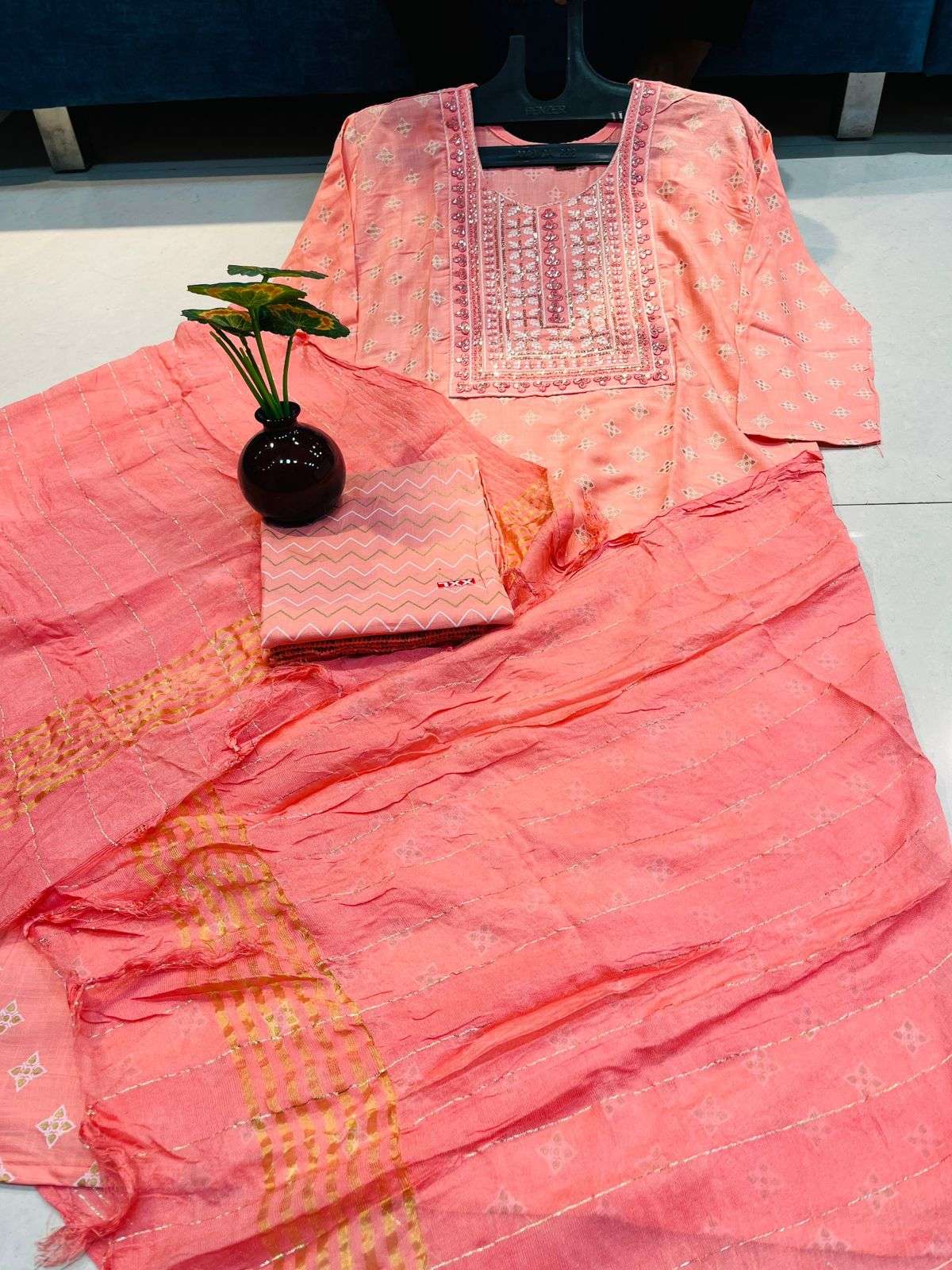 TRENDY SURBHI 04 HEAVY RAYON SLUB READYMADE SUIT 4 COLOUR SET WHOLESALER BEST RATE