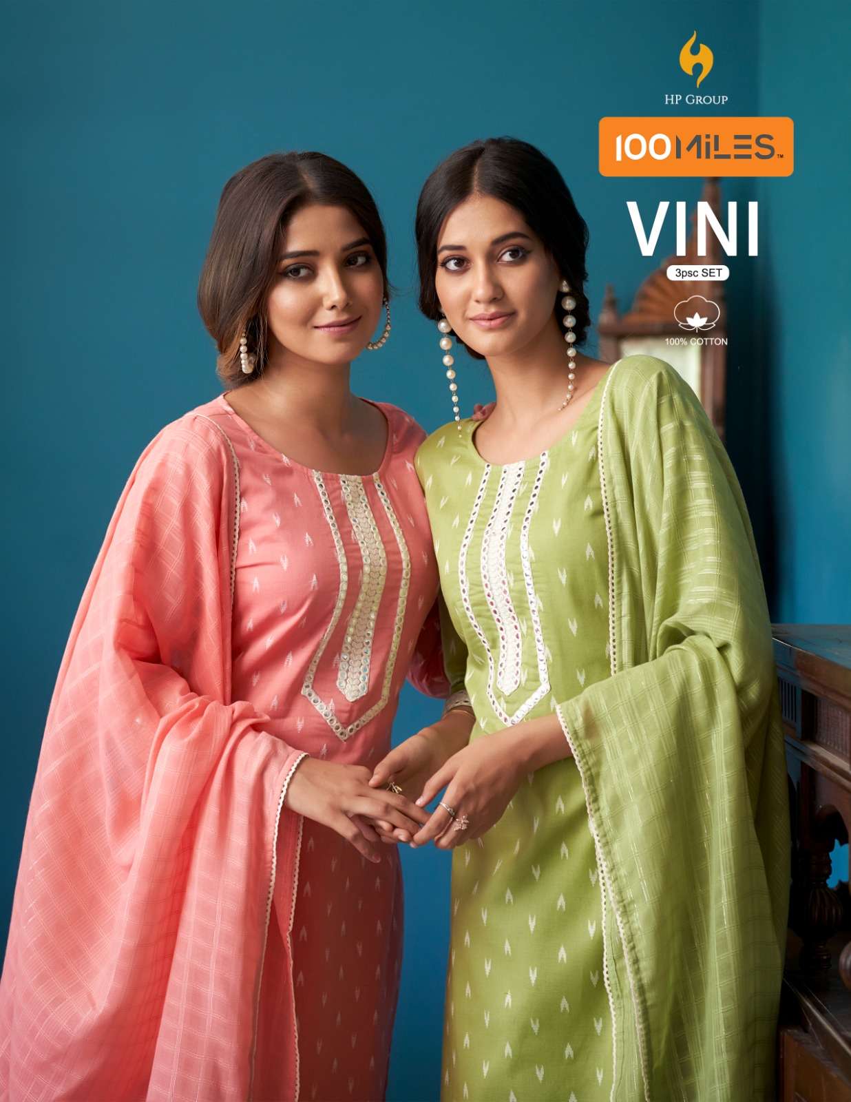 vini by 100 miles 3pcs set fancy work kurti with pant and dupatta 