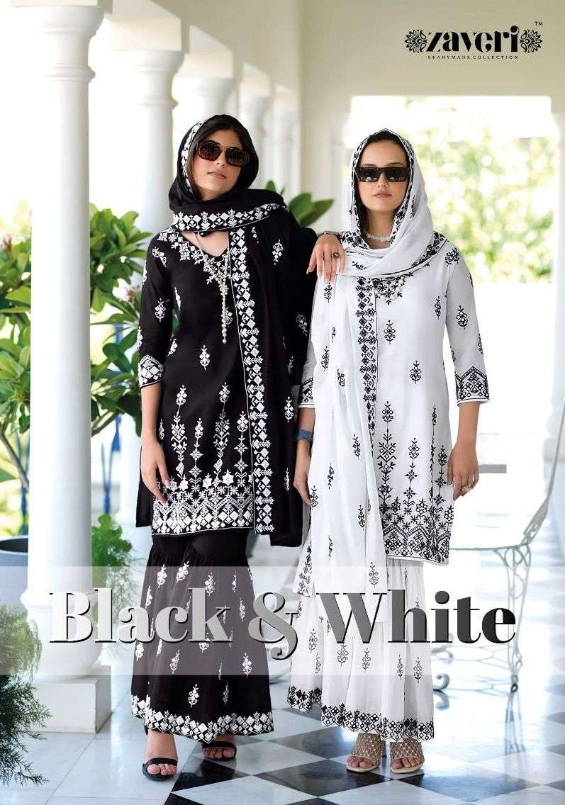 zaveri present black & white heavy embroidery work readymade sharara style salwar kameez