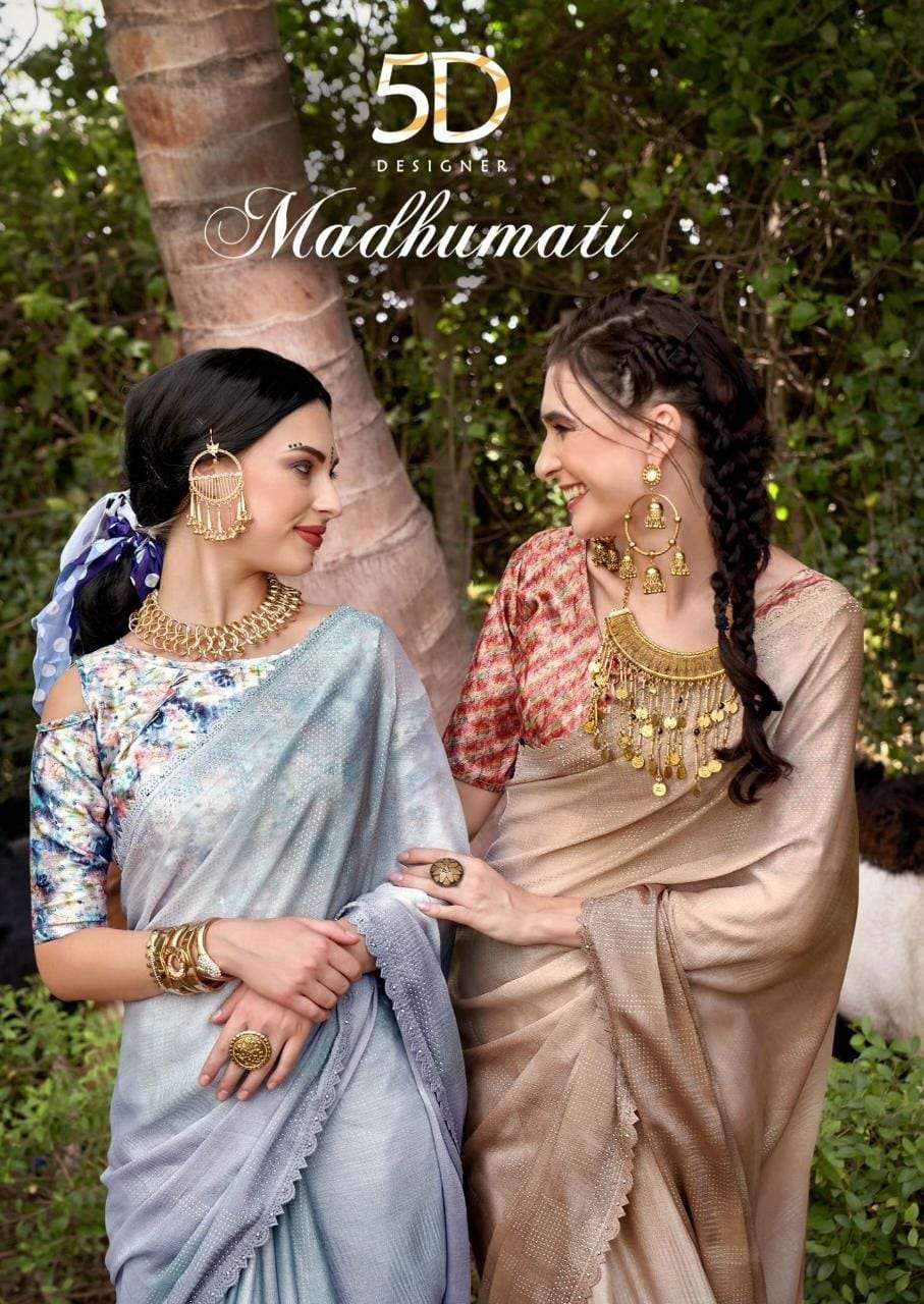 5d designer present madhumati fancy foil print with swaroski work sarees with digital blouse peice collection