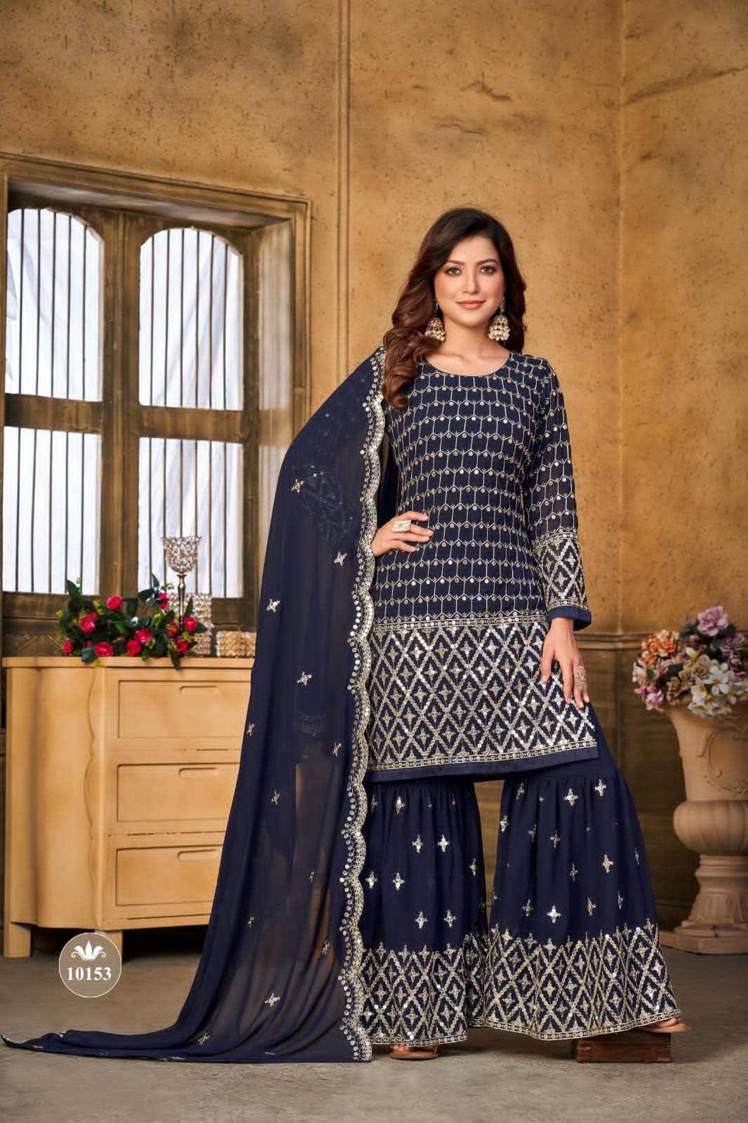 anjubaa vol 15 designer work unstitch top with readymade sharara and dupatta collection 