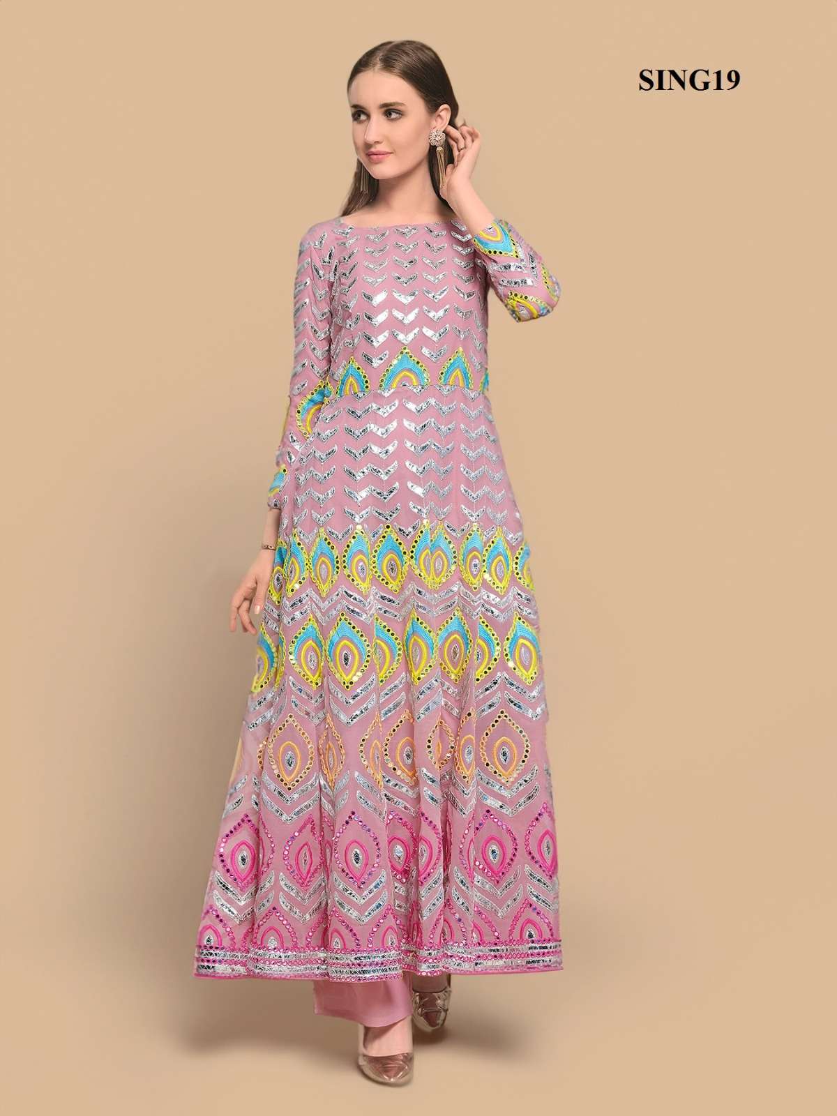 arya sing19 fabulous designer baby pink color long gown kurti with palazzo